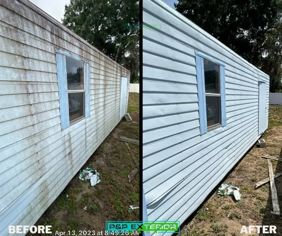A before and after photo of a mobile home