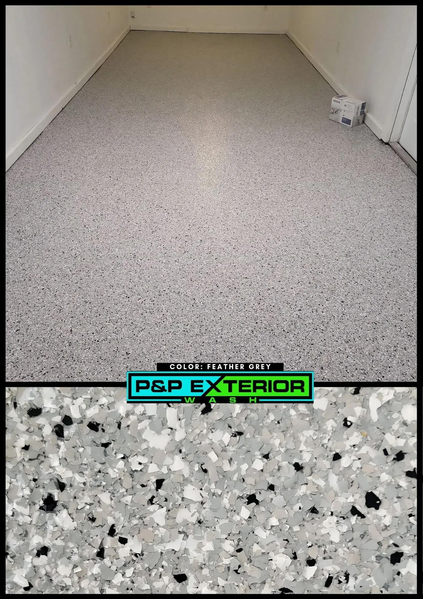 A picture of a garage floor with a psp exterior logo on it