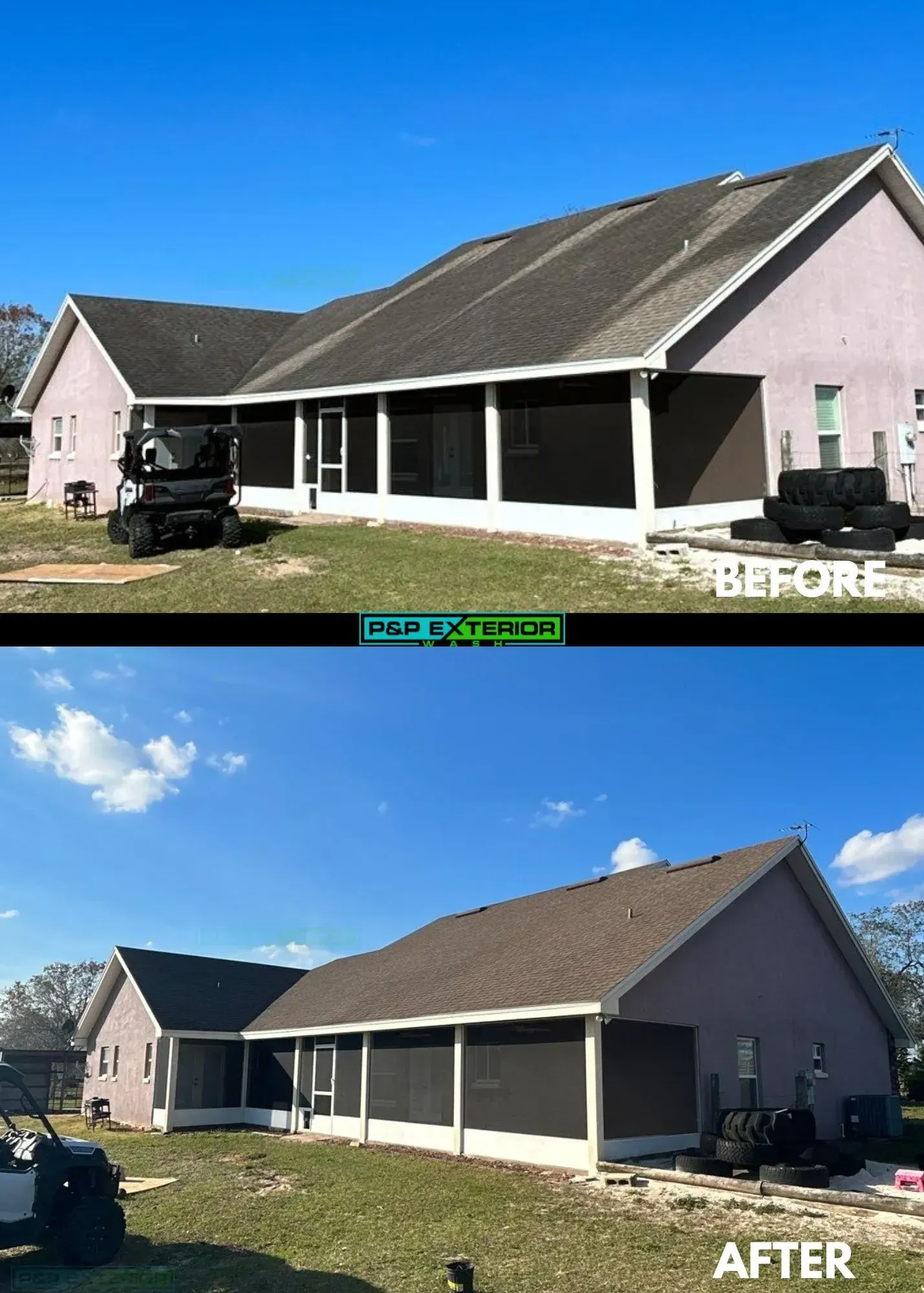 A before and after picture of a house with a screened in porch.