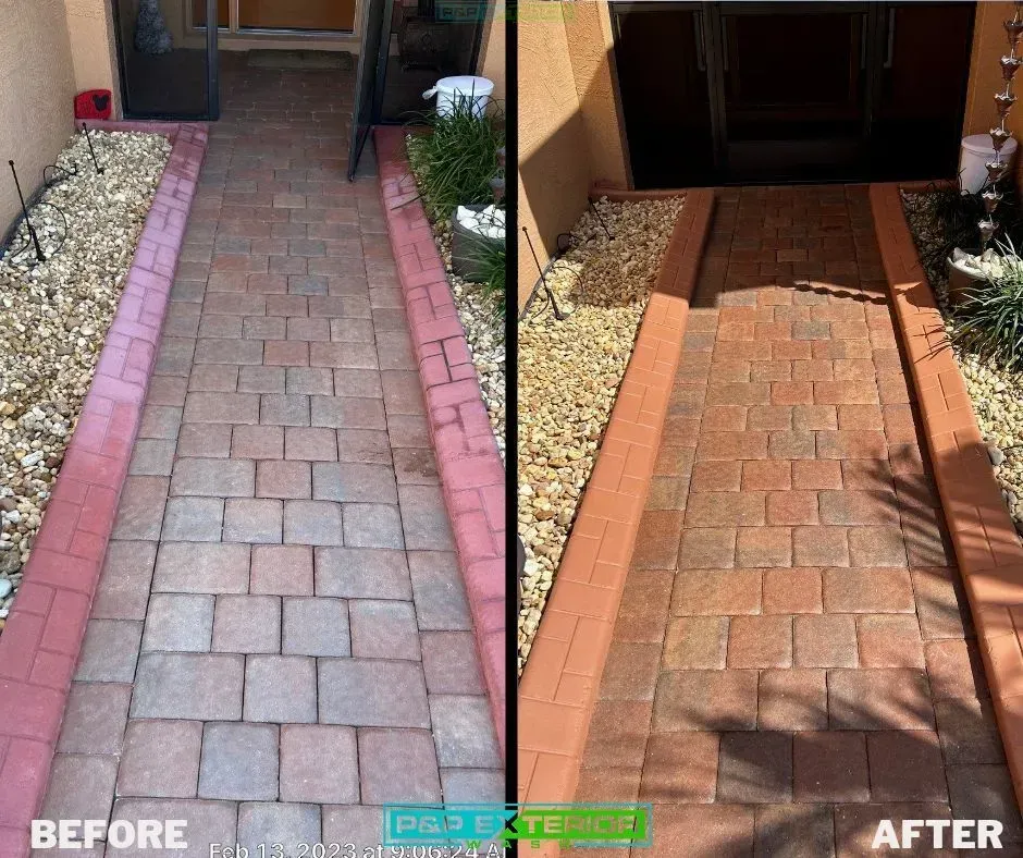 A before and after photo of a brick walkway