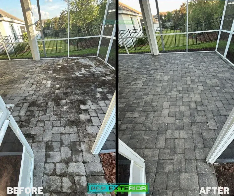 A before and after photo of a screened in porch.