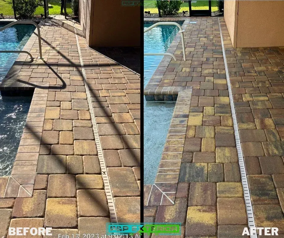 A before and after photo of a patio next to a pool
