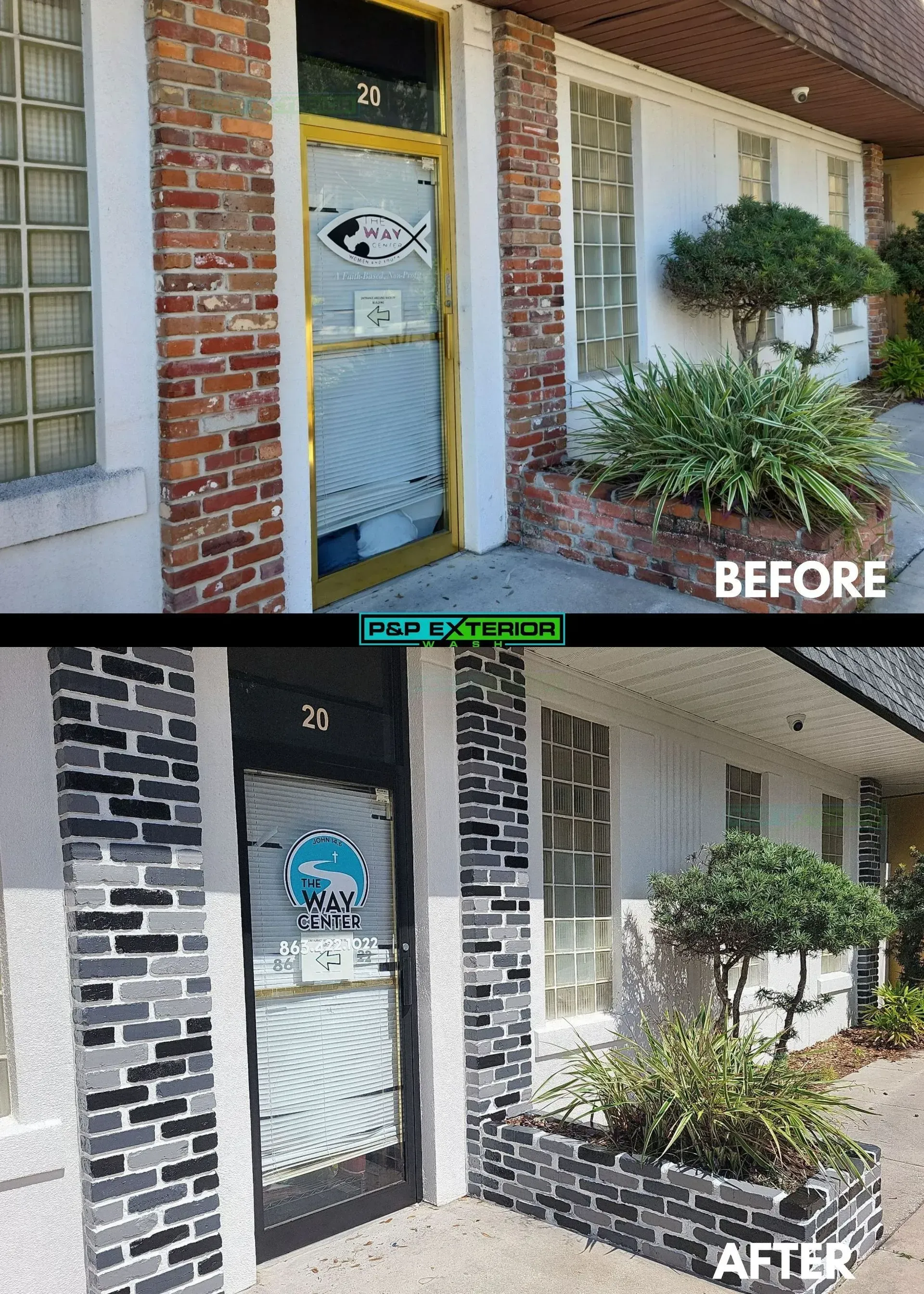 A before and after photo of a brick building