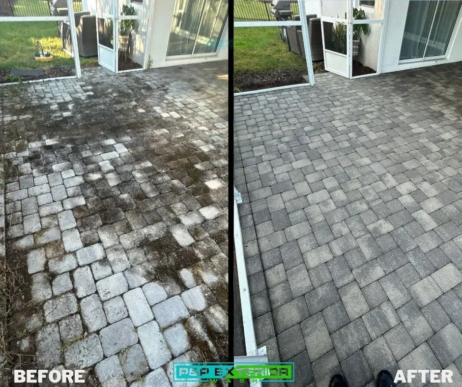 A before and after picture of a patio that has been cleaned.