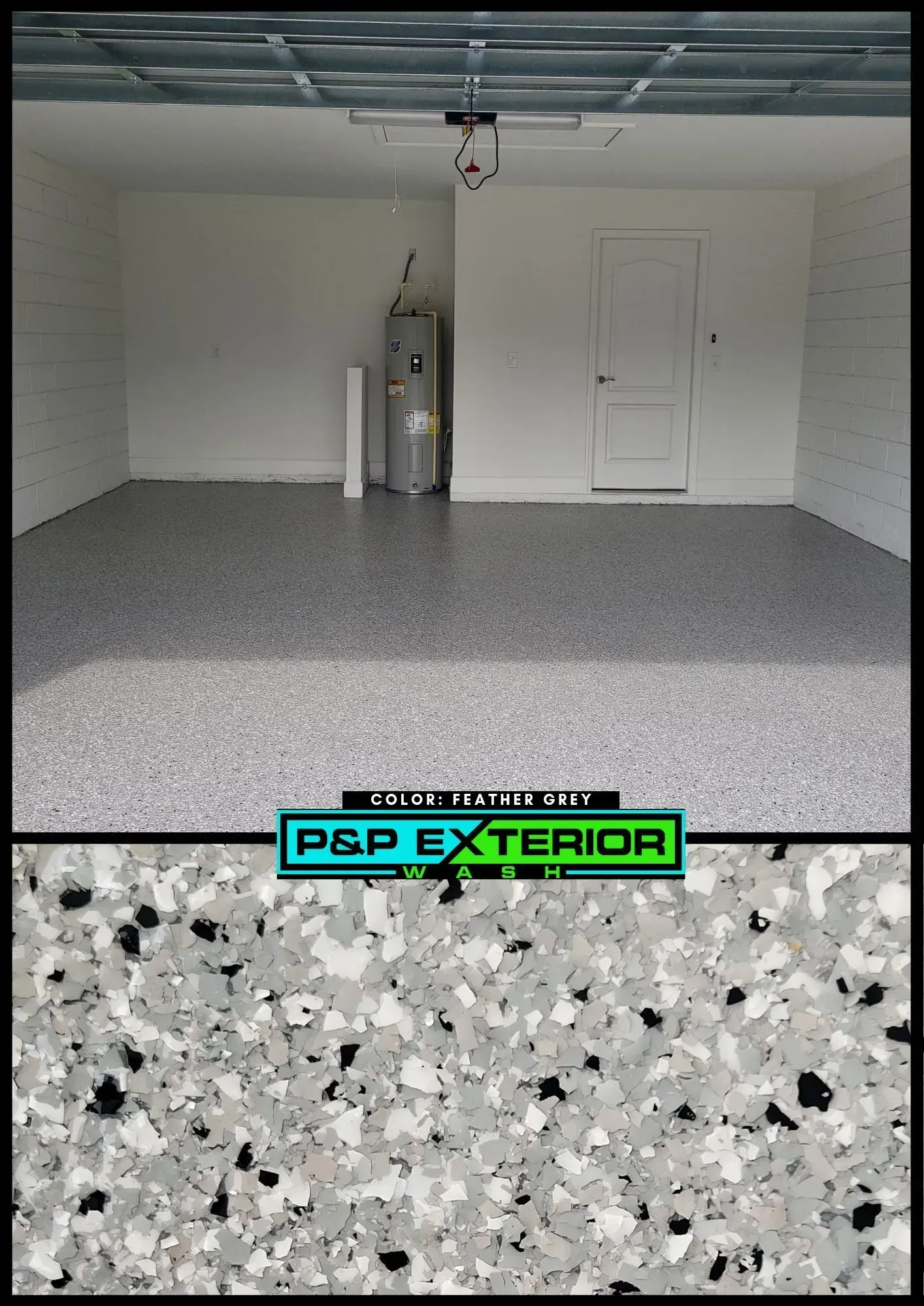 A picture of a garage with a sign that says ' p & p exterior ' on it