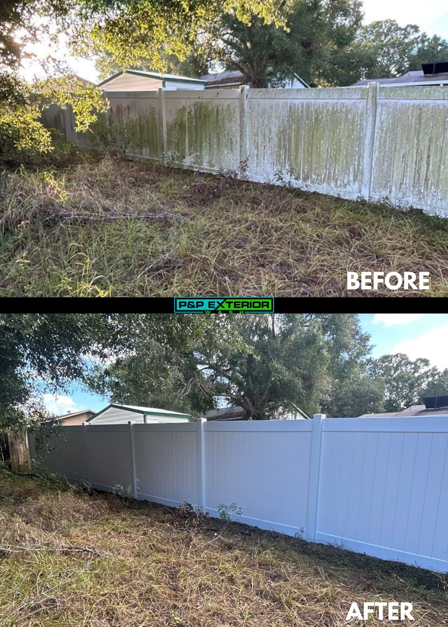 A white garage with a white fence in the background.