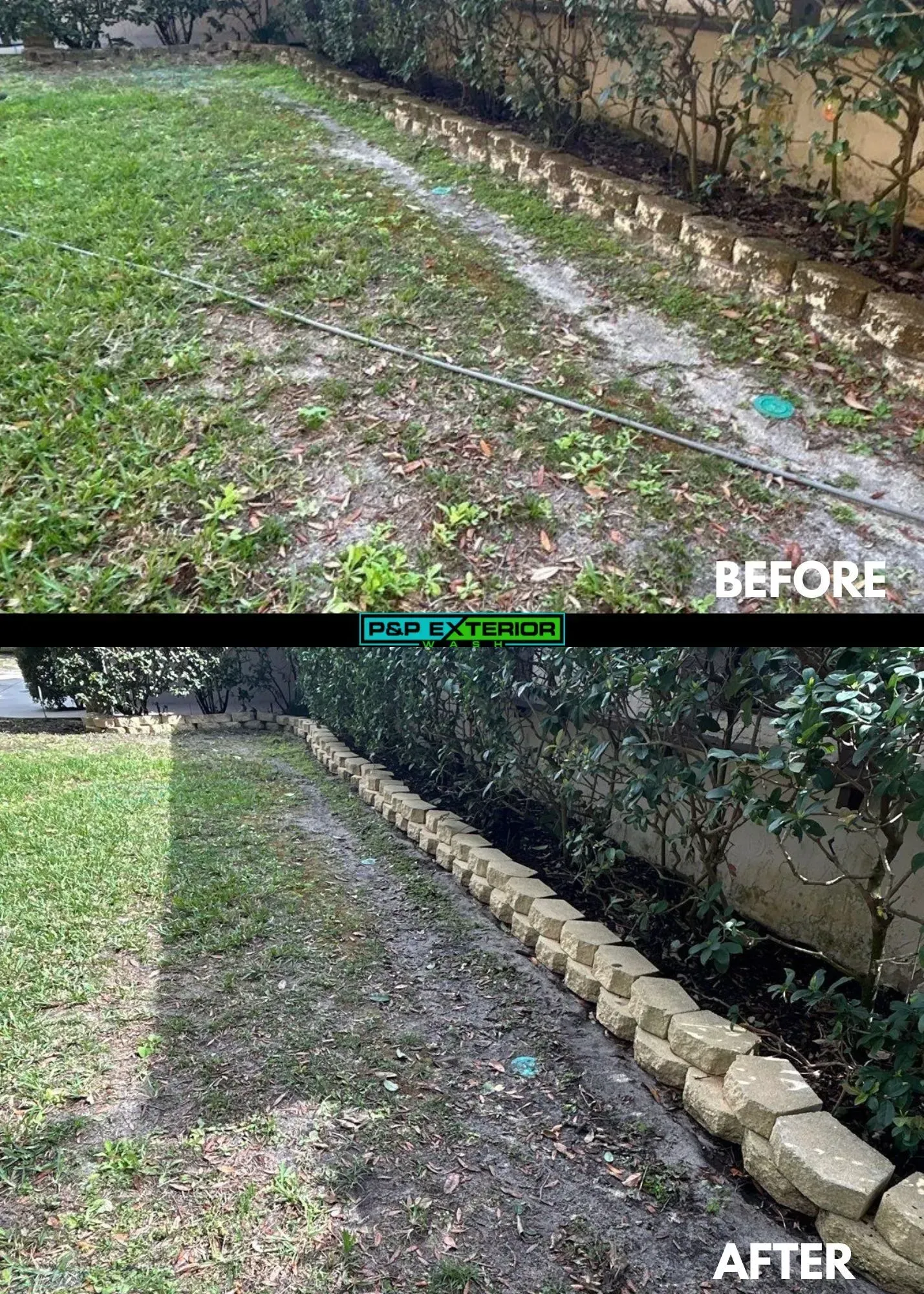 A before and after picture of a lawn and a stone wall.