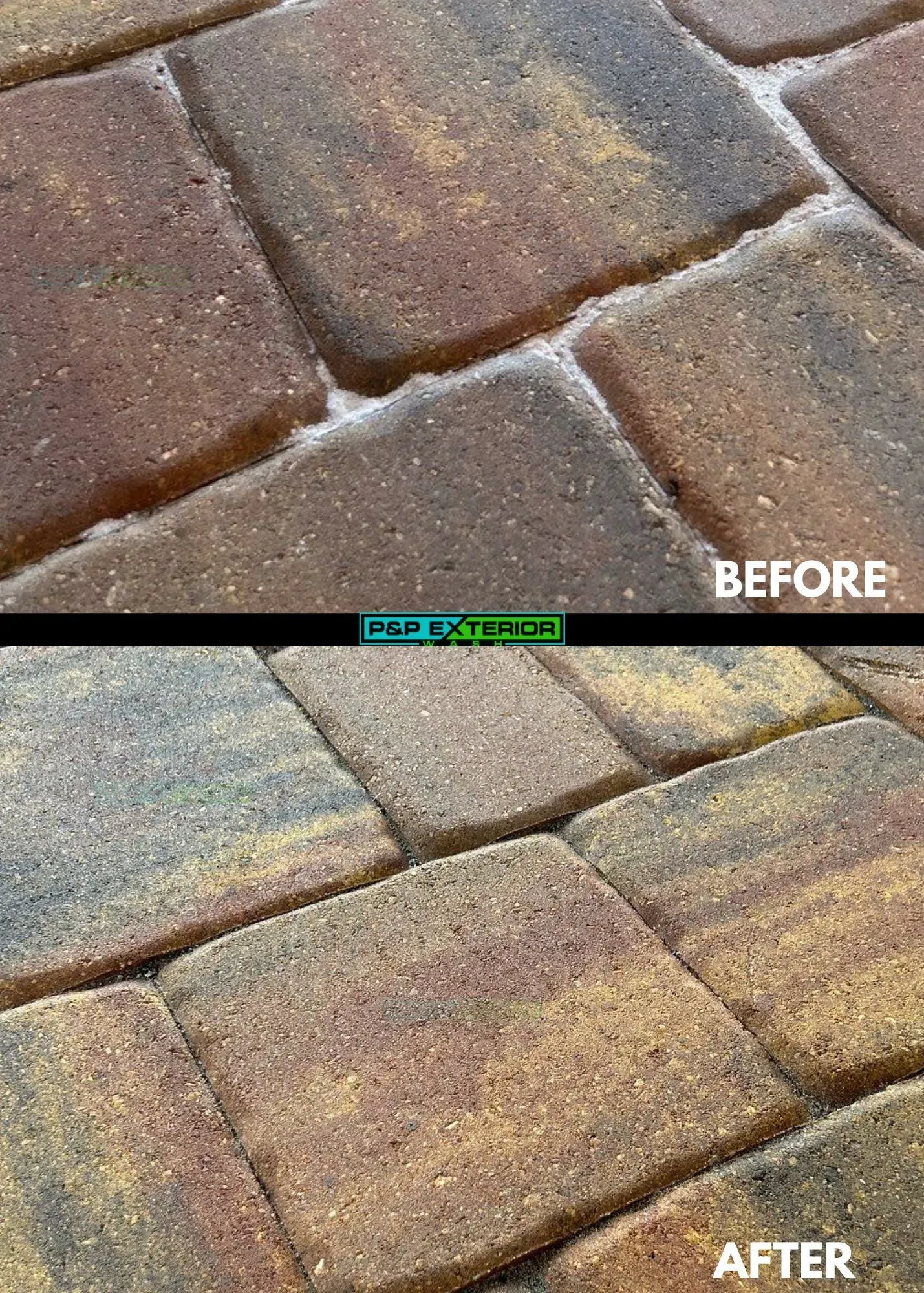 A before and after photo of a brick walkway.