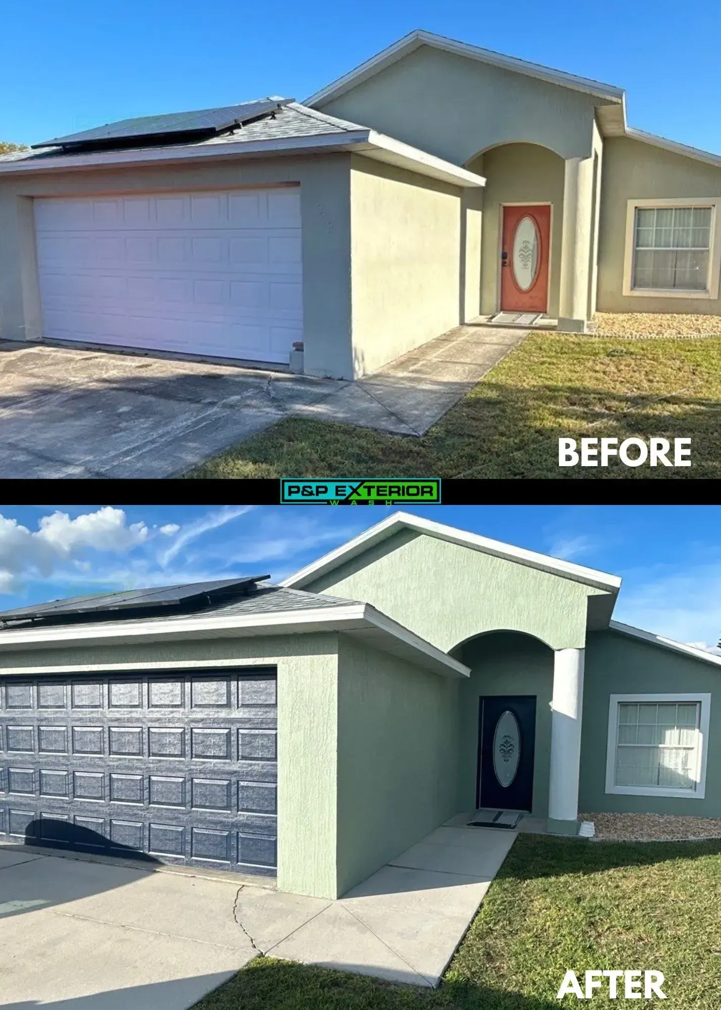 A before and after picture of a house that has been painted green.