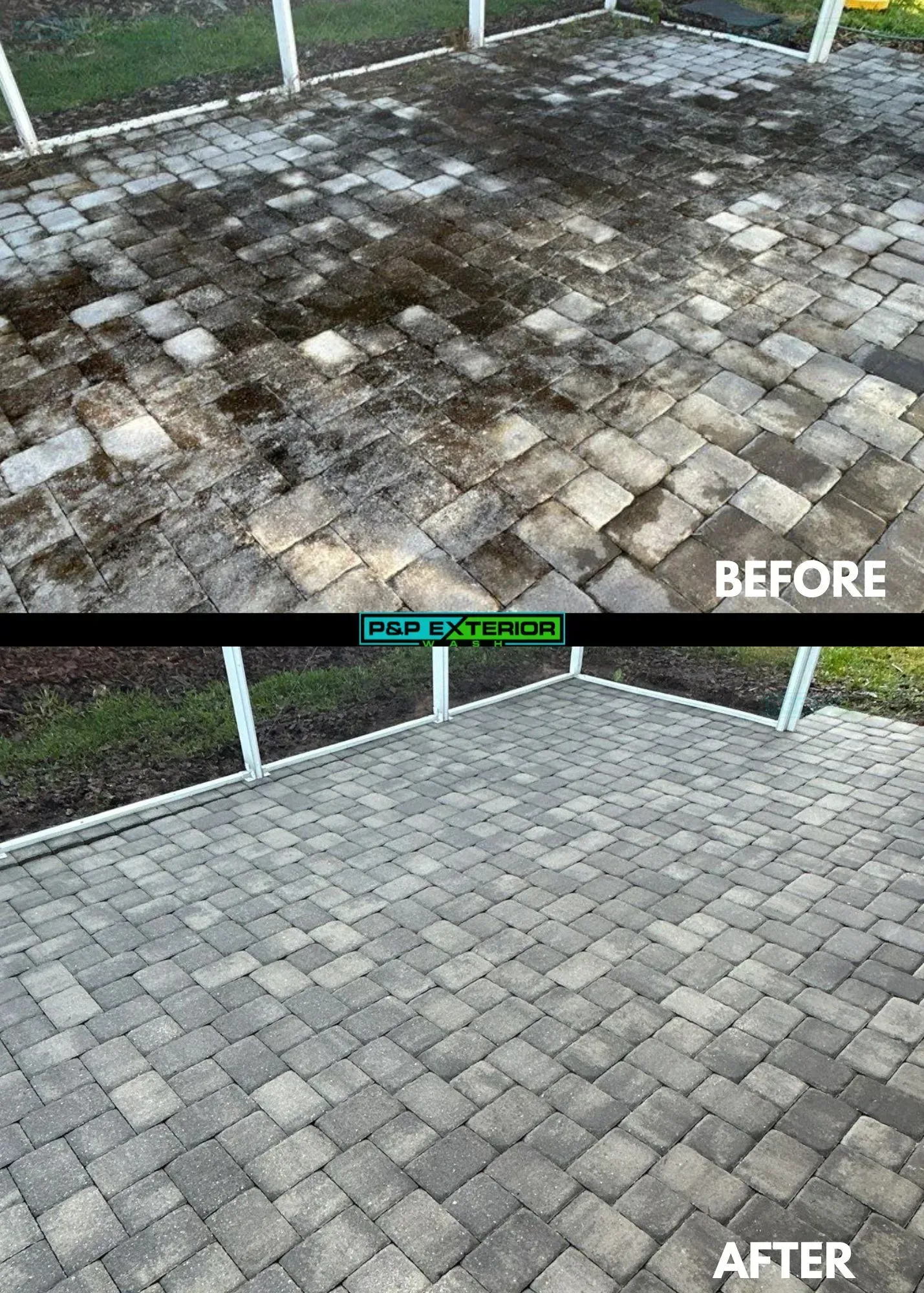A before and after photo of a brick patio.