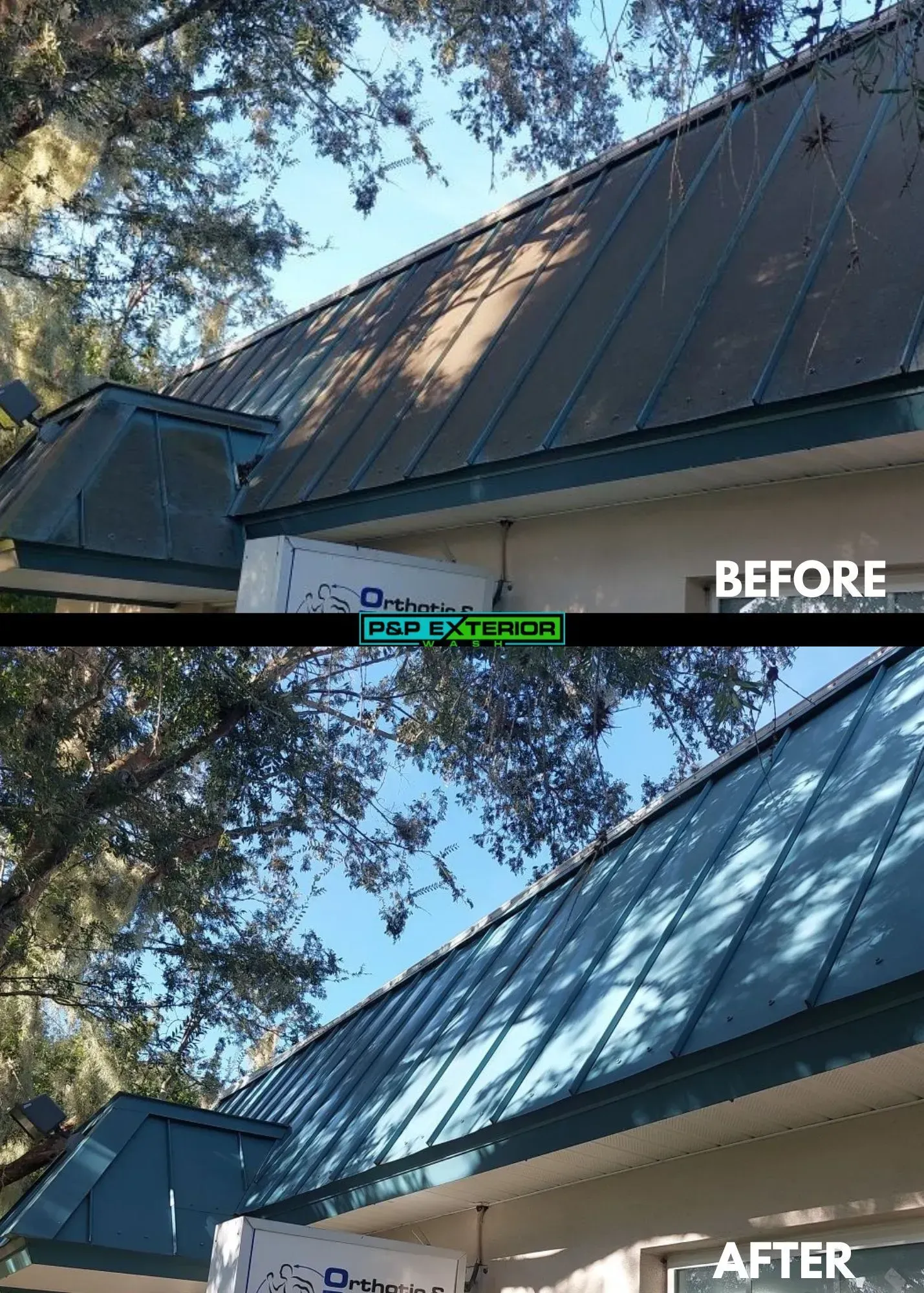 A before and after picture of a building with a metal roof.