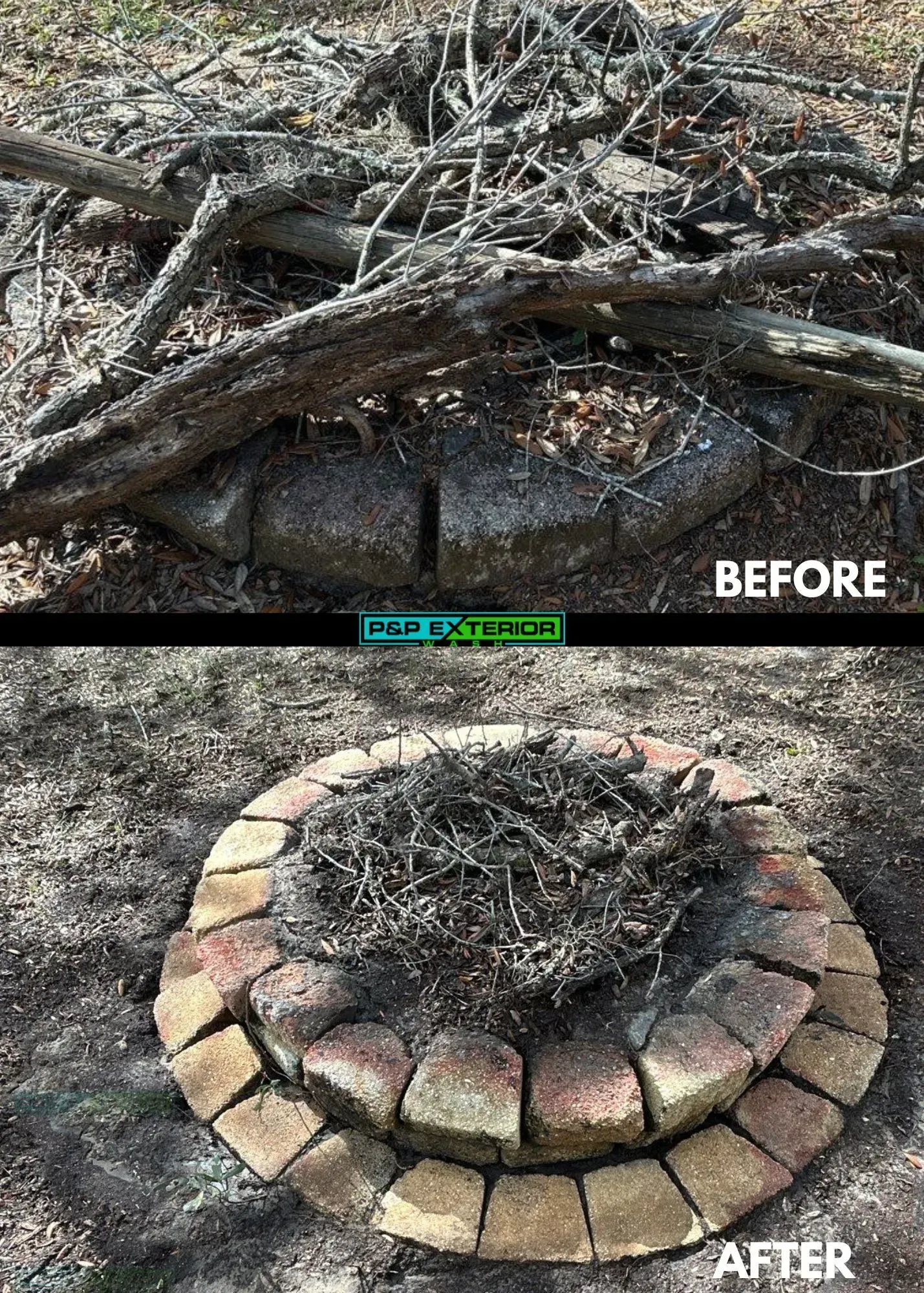 A before and after picture of a fire pit.
