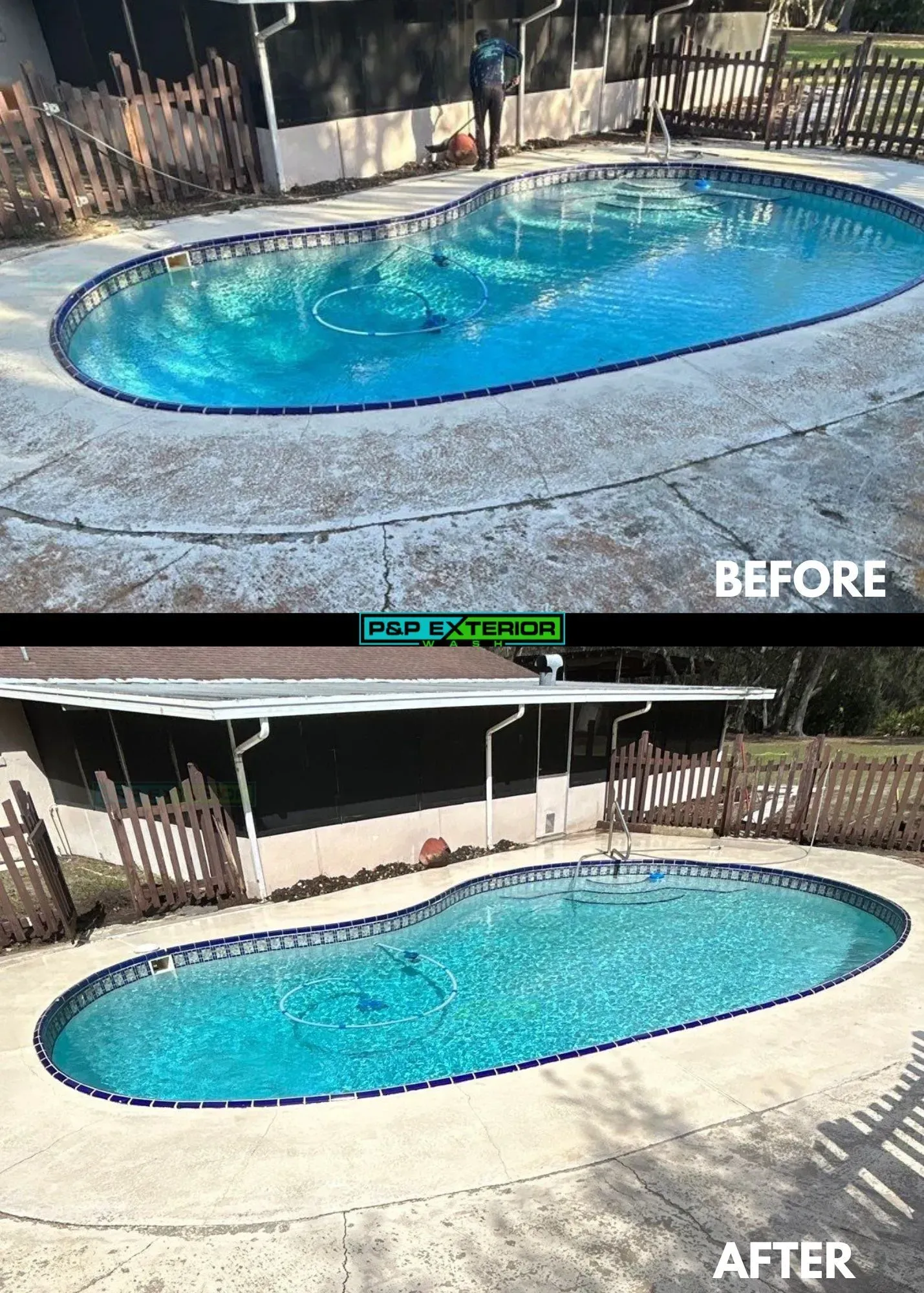 A before and after picture of a swimming pool.