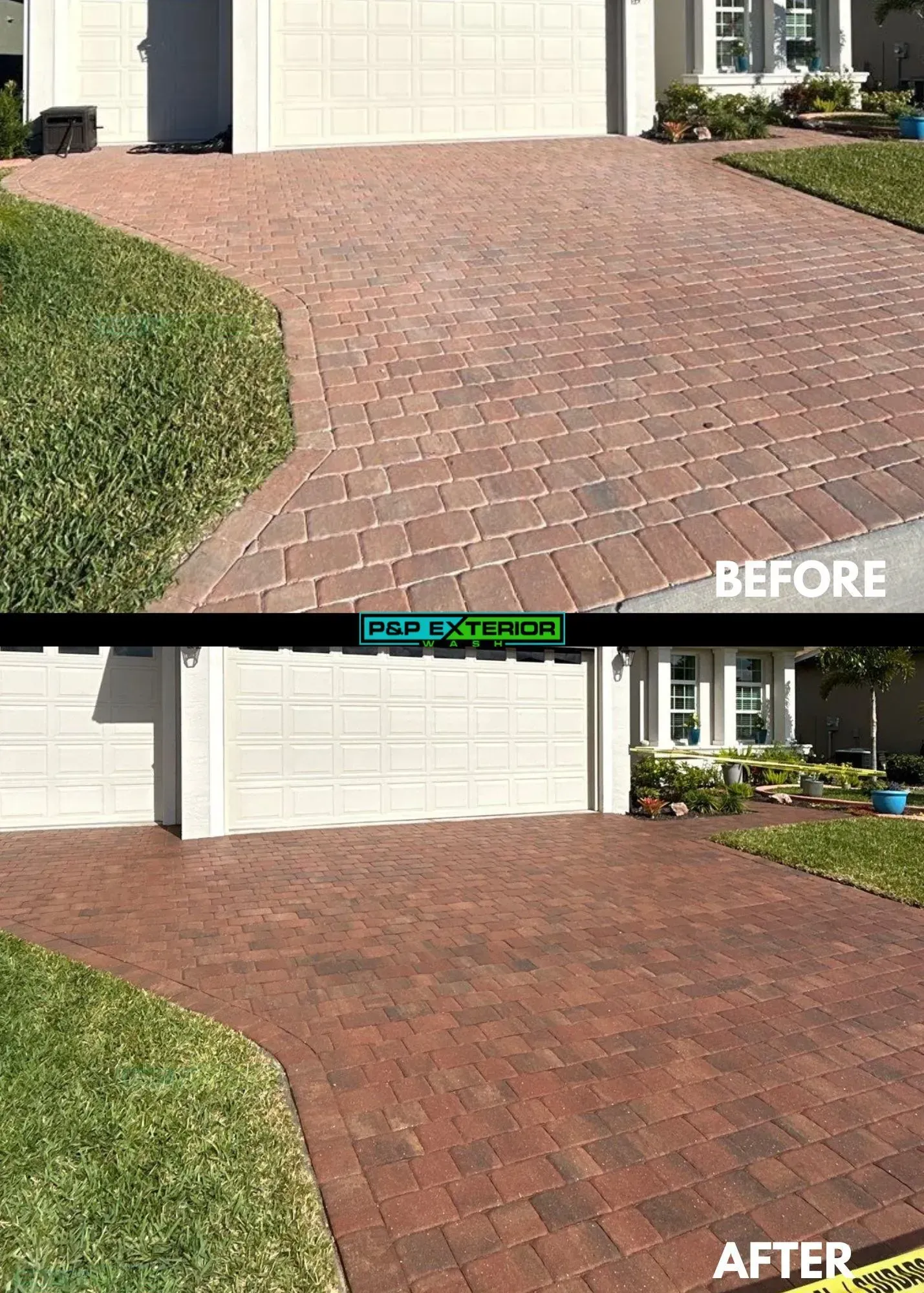 A before and after photo of a brick driveway in front of a house.