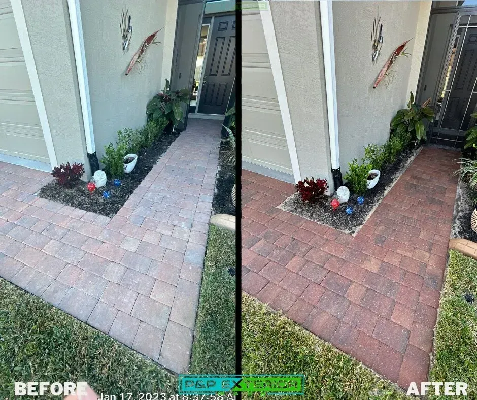 A before and after photo of a brick walkway in front of a house.