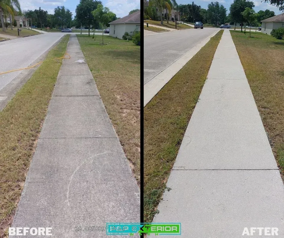 A before and after photo of a sidewalk