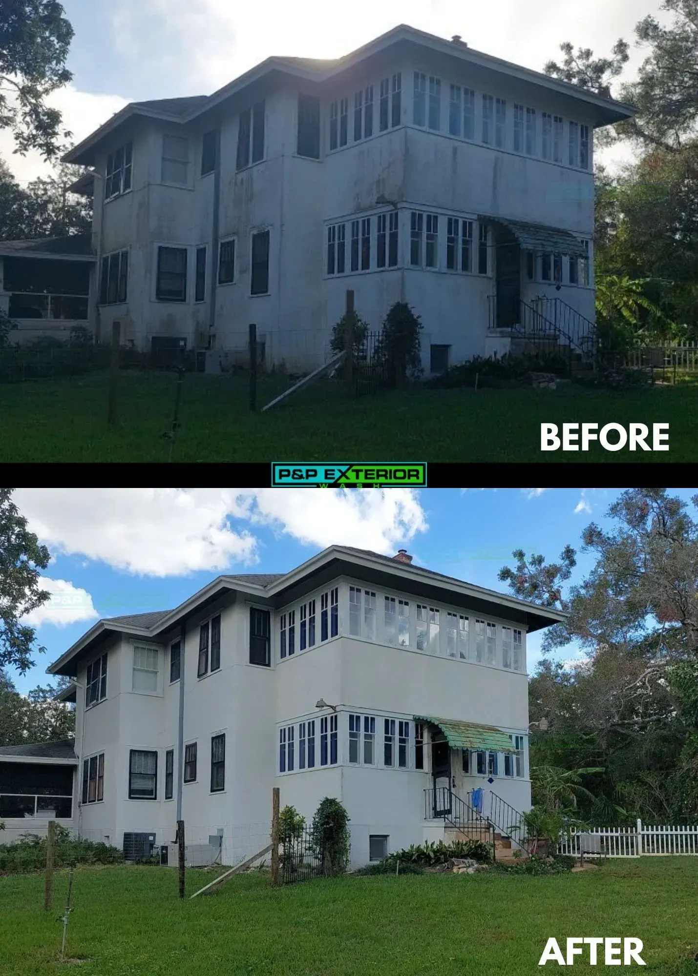 A before and after picture of a large white house.