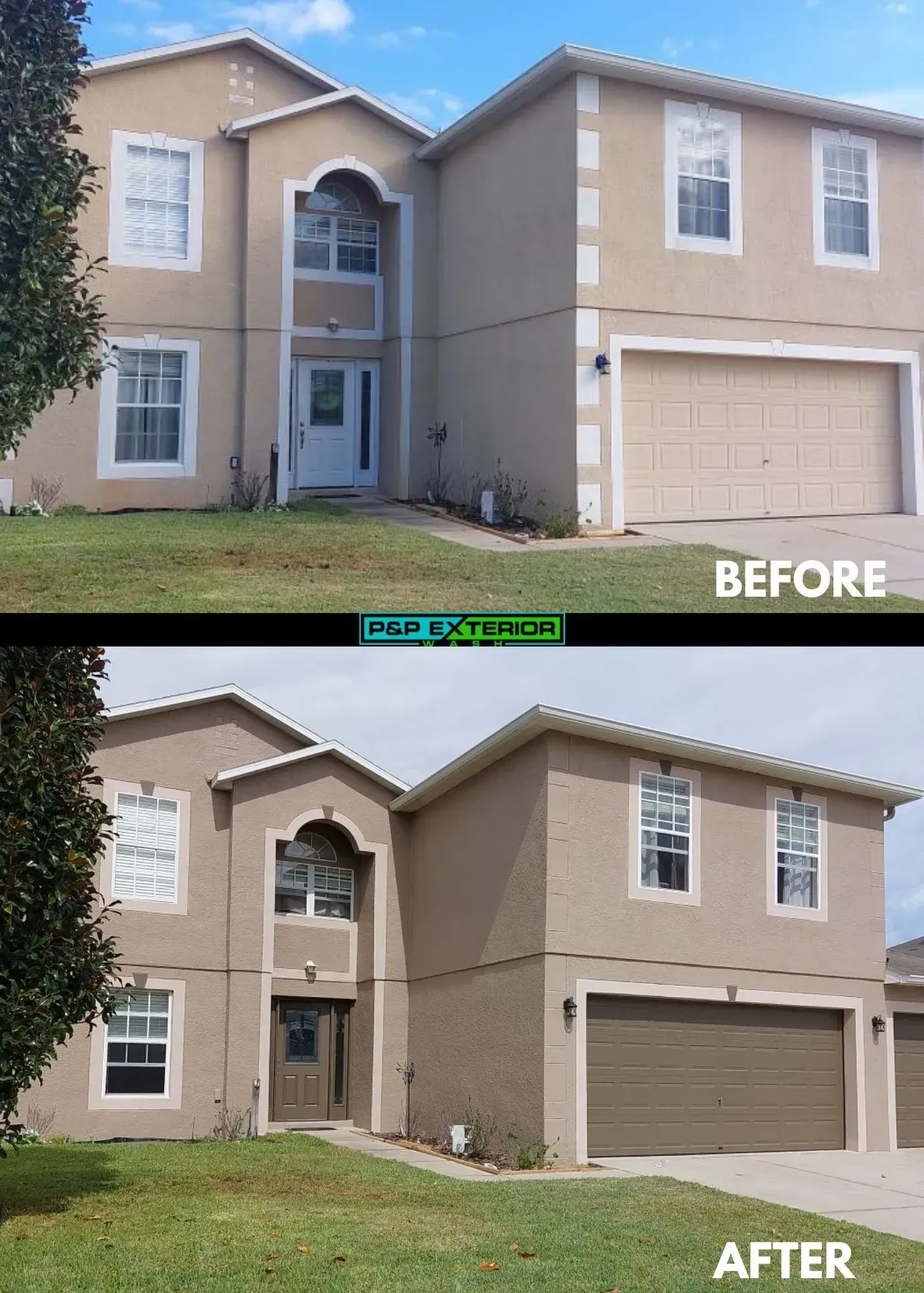 A before and after picture of a house that has been painted.