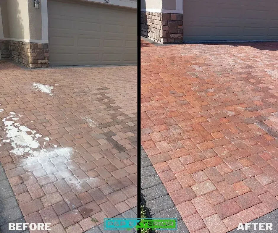 A before and after photo of a brick driveway.