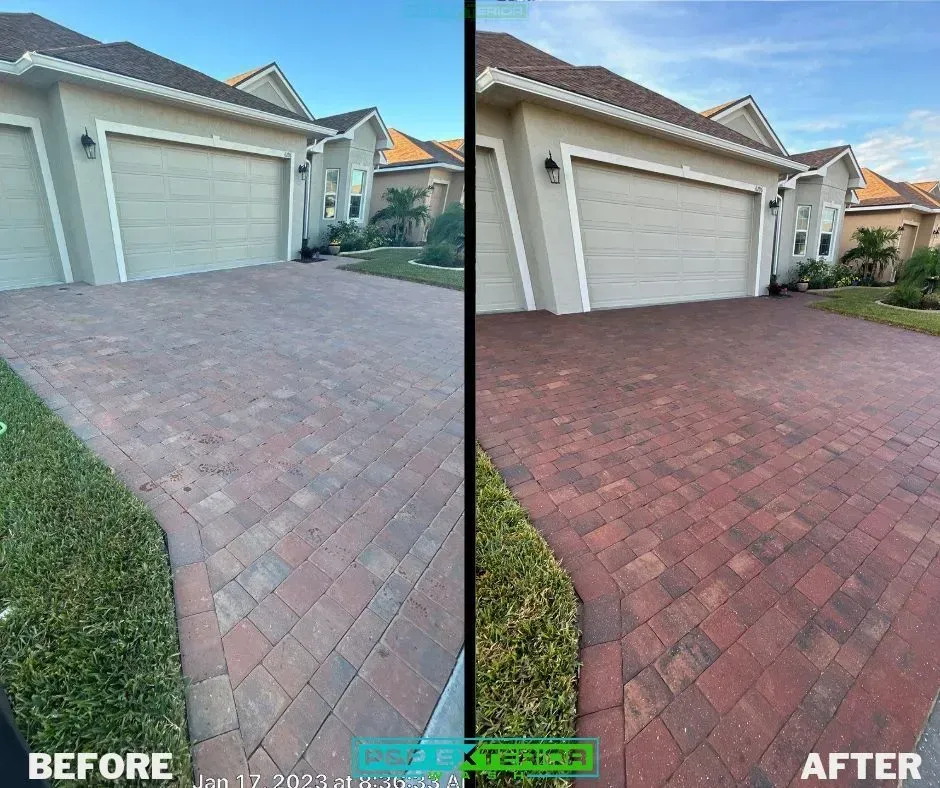 A before and after photo of a brick driveway in front of a house.