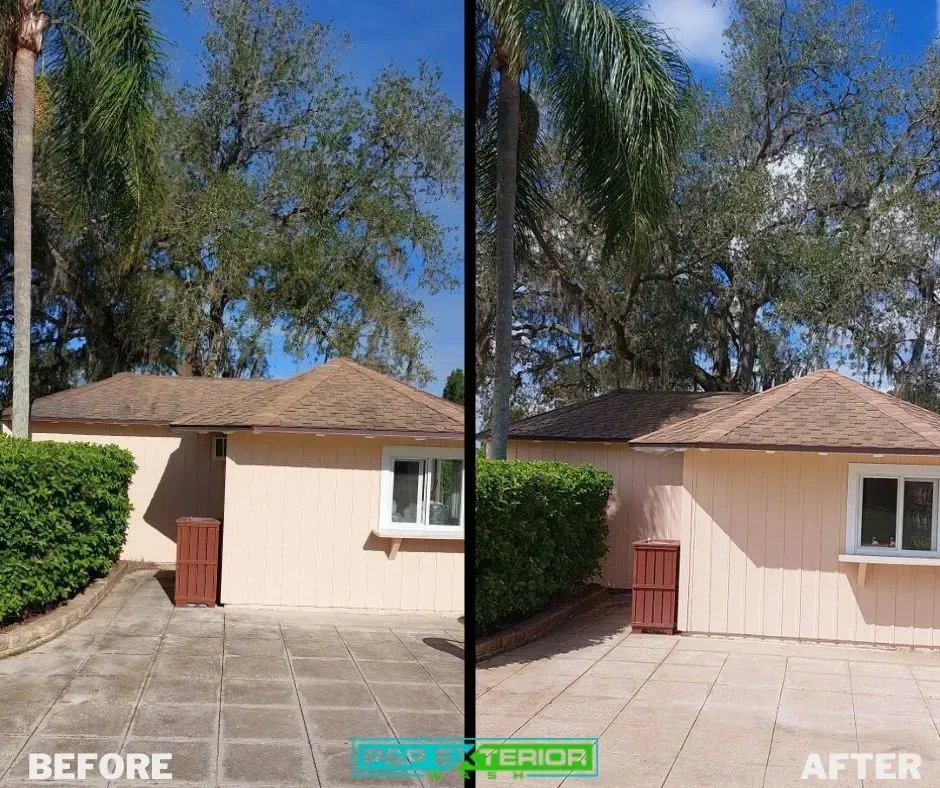A before and after photo of a house with trees in the background