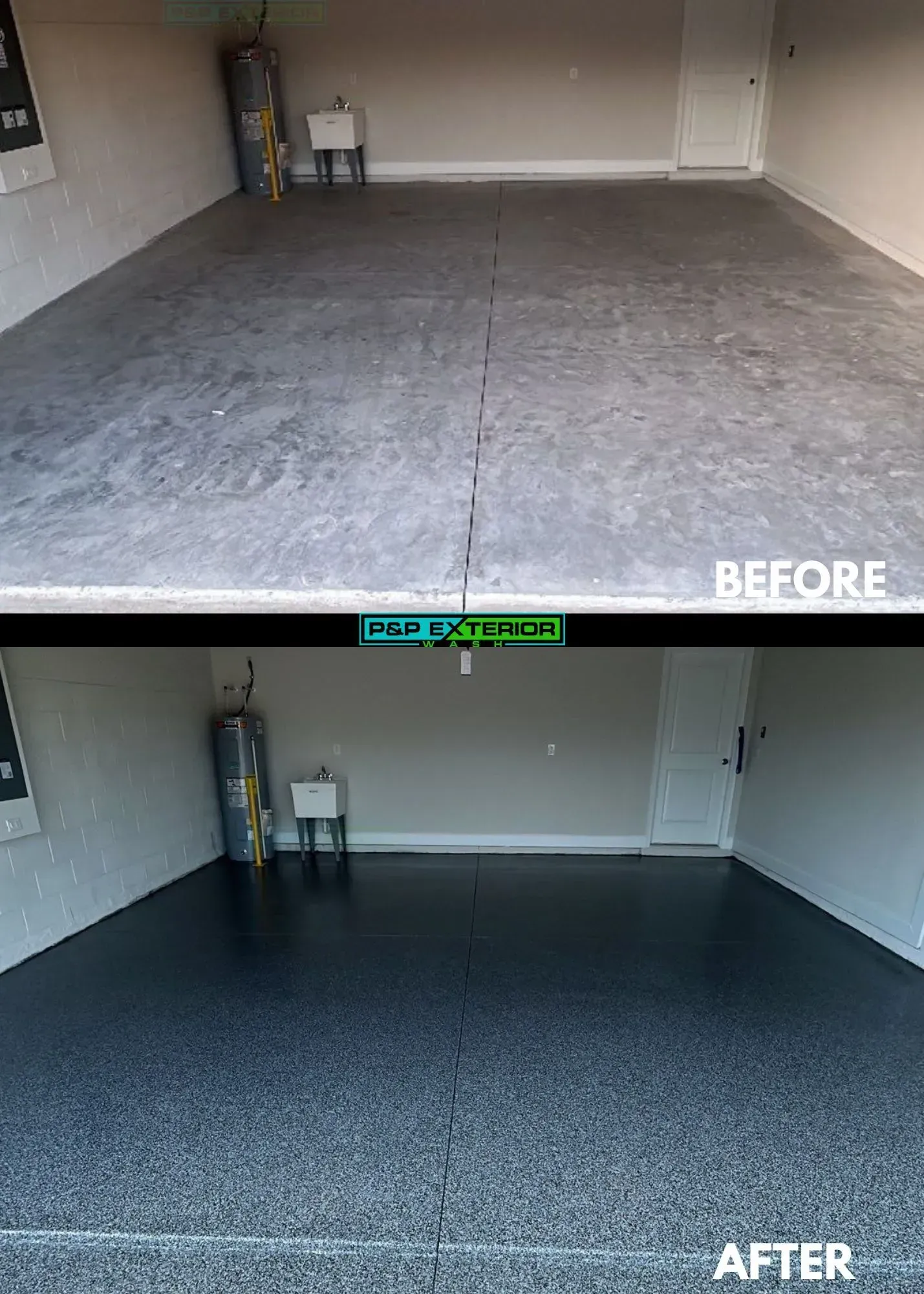 A before and after photo of a garage floor.