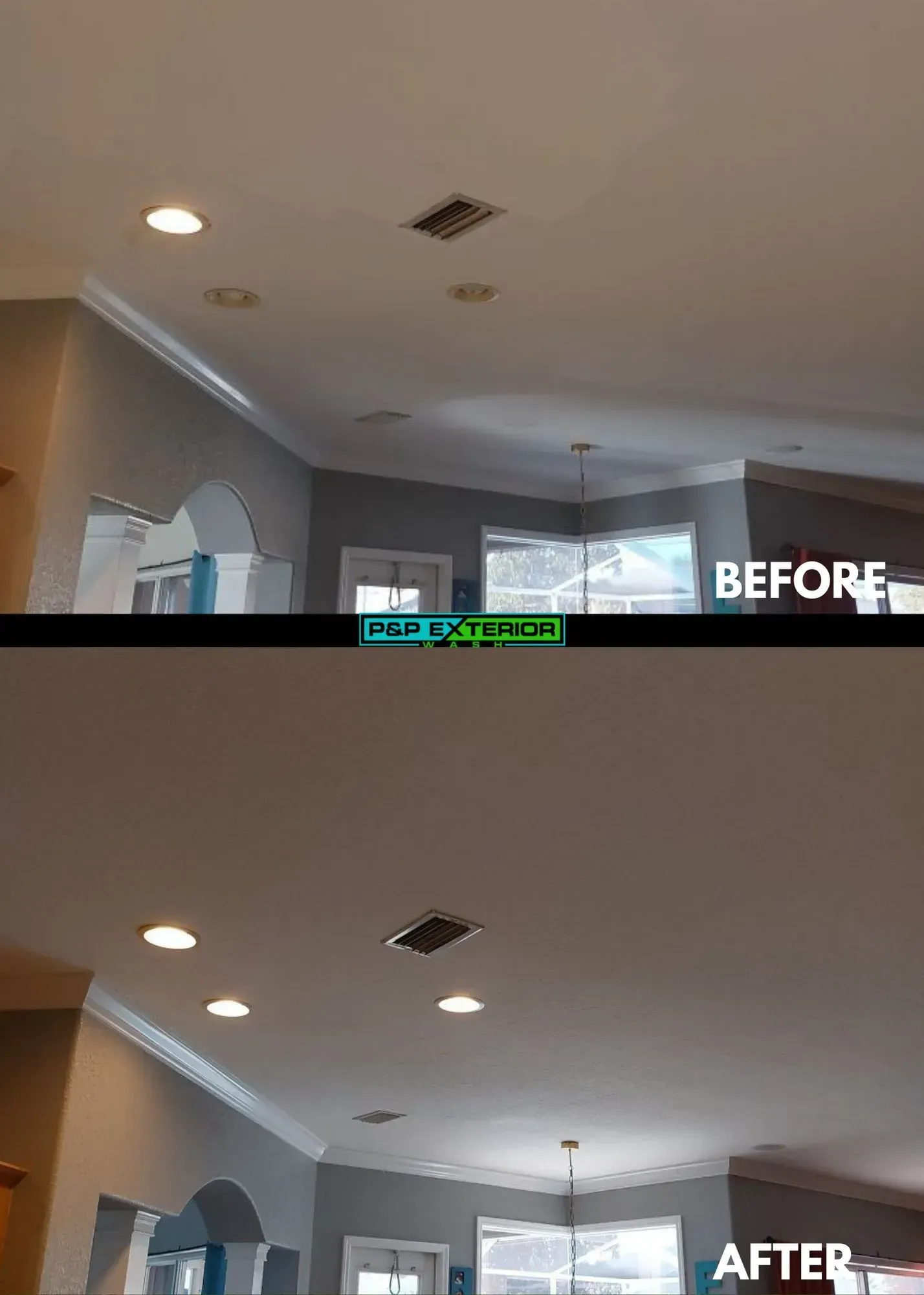 A before and after photo of a ceiling in a living room.