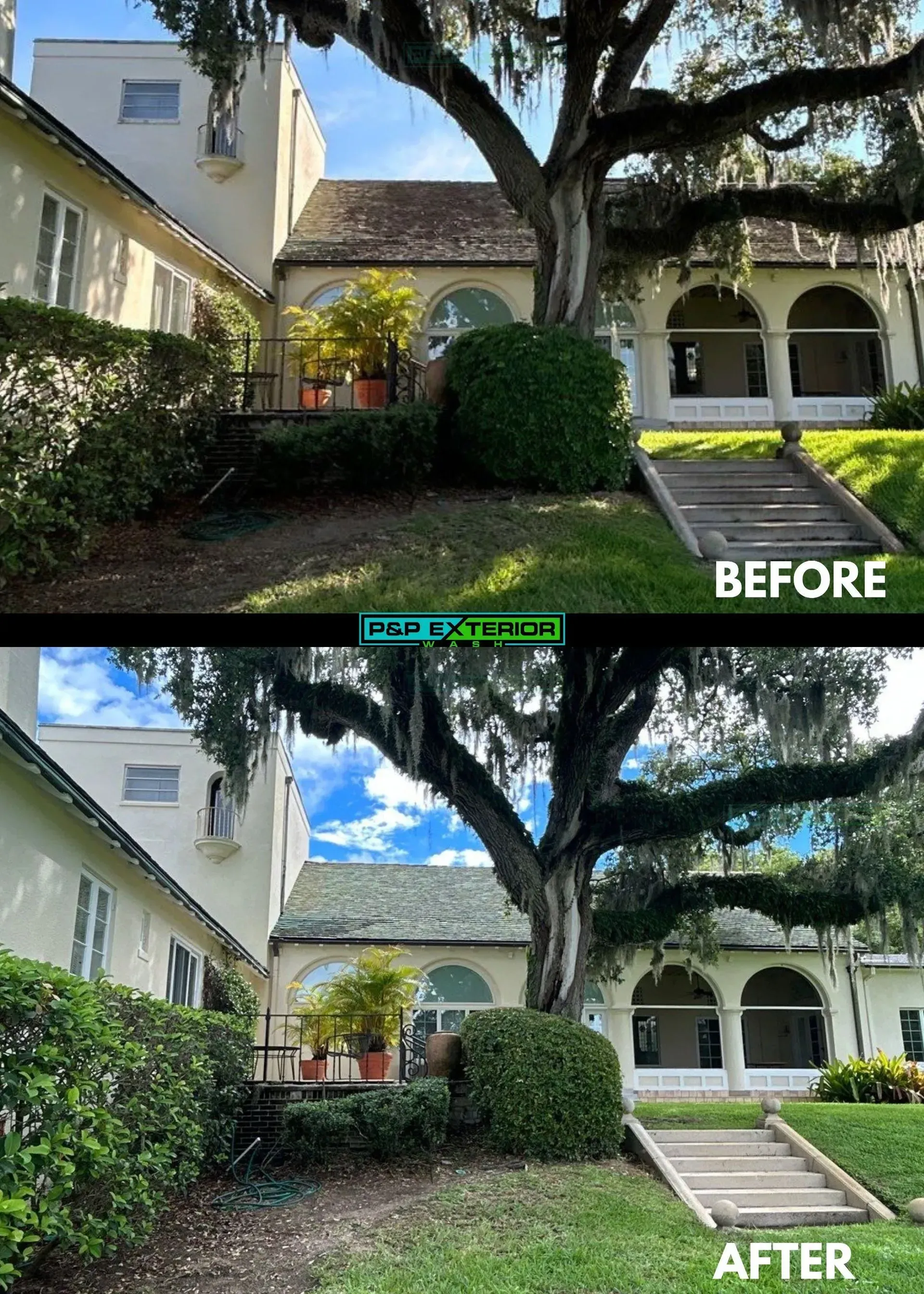 A before and after picture of a house with a tree in front of it.