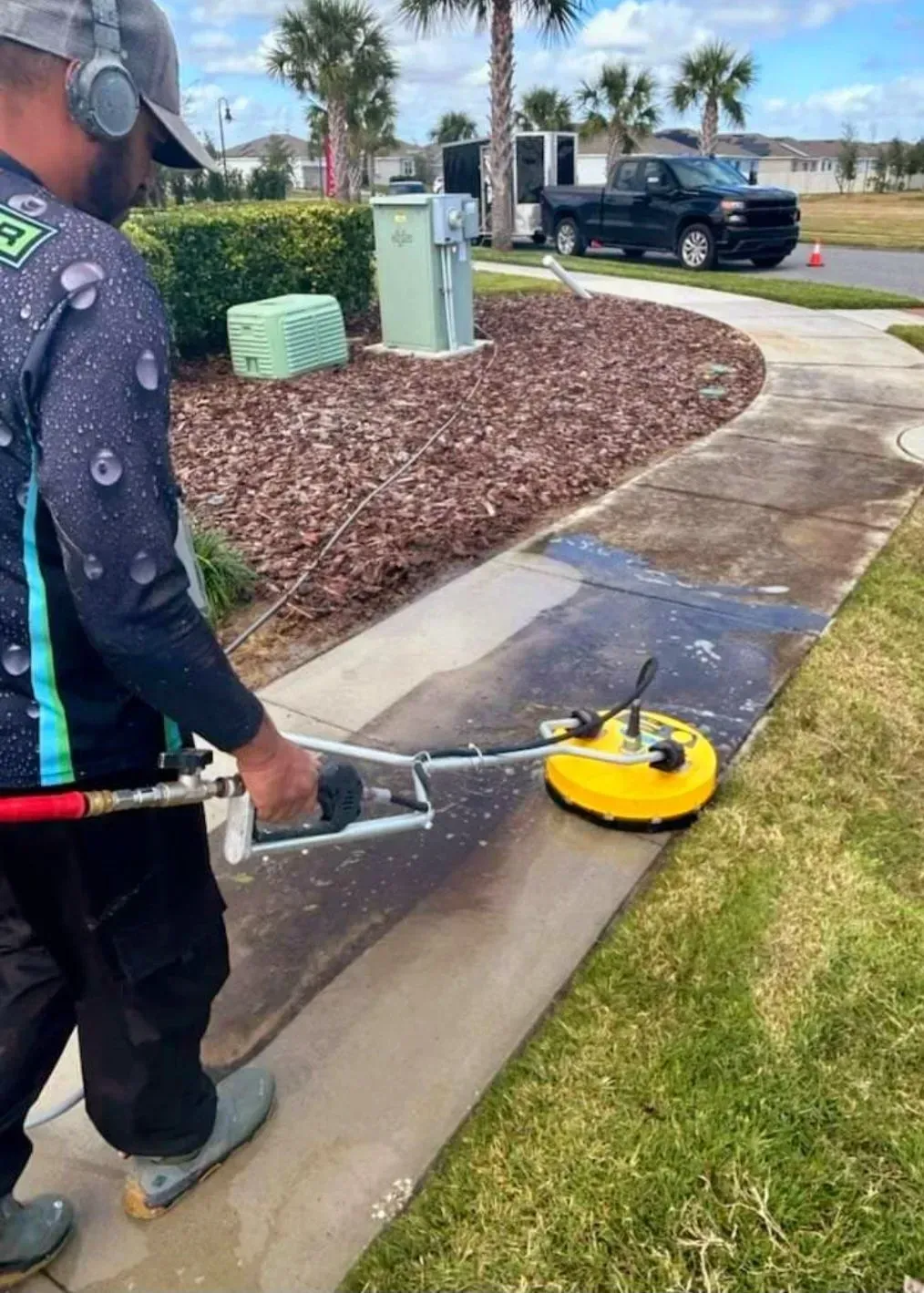 A man is cleaning a sidewalk with a machine.