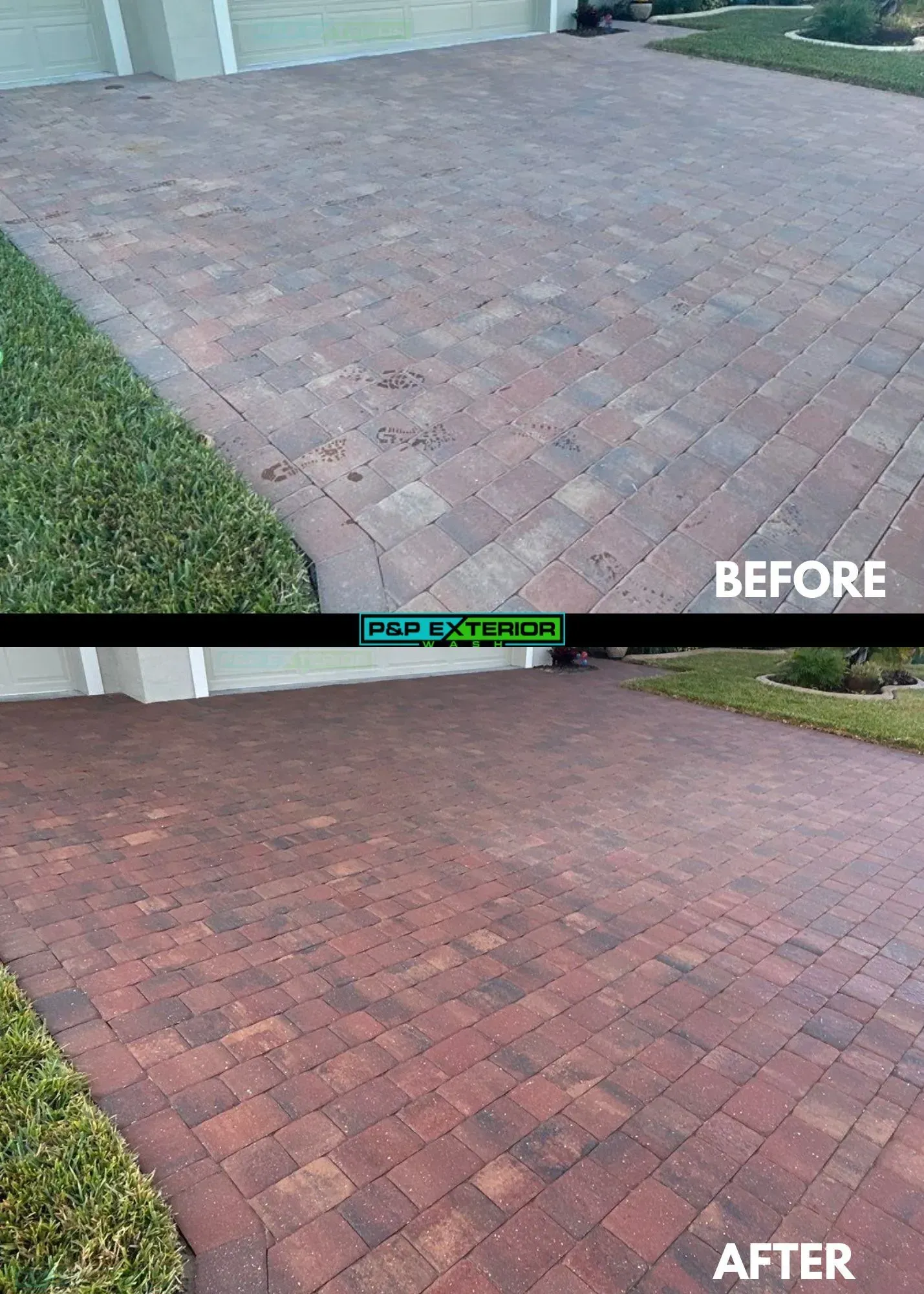 A before and after photo of a brick driveway.