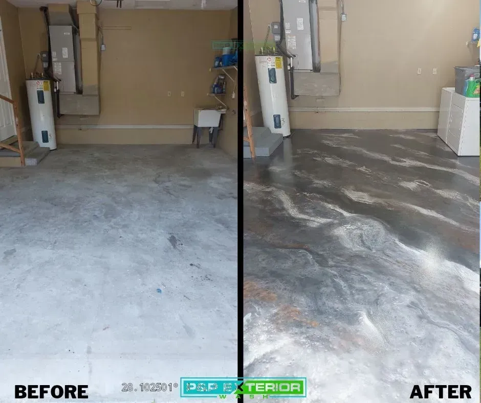 A before and after photo of a garage floor