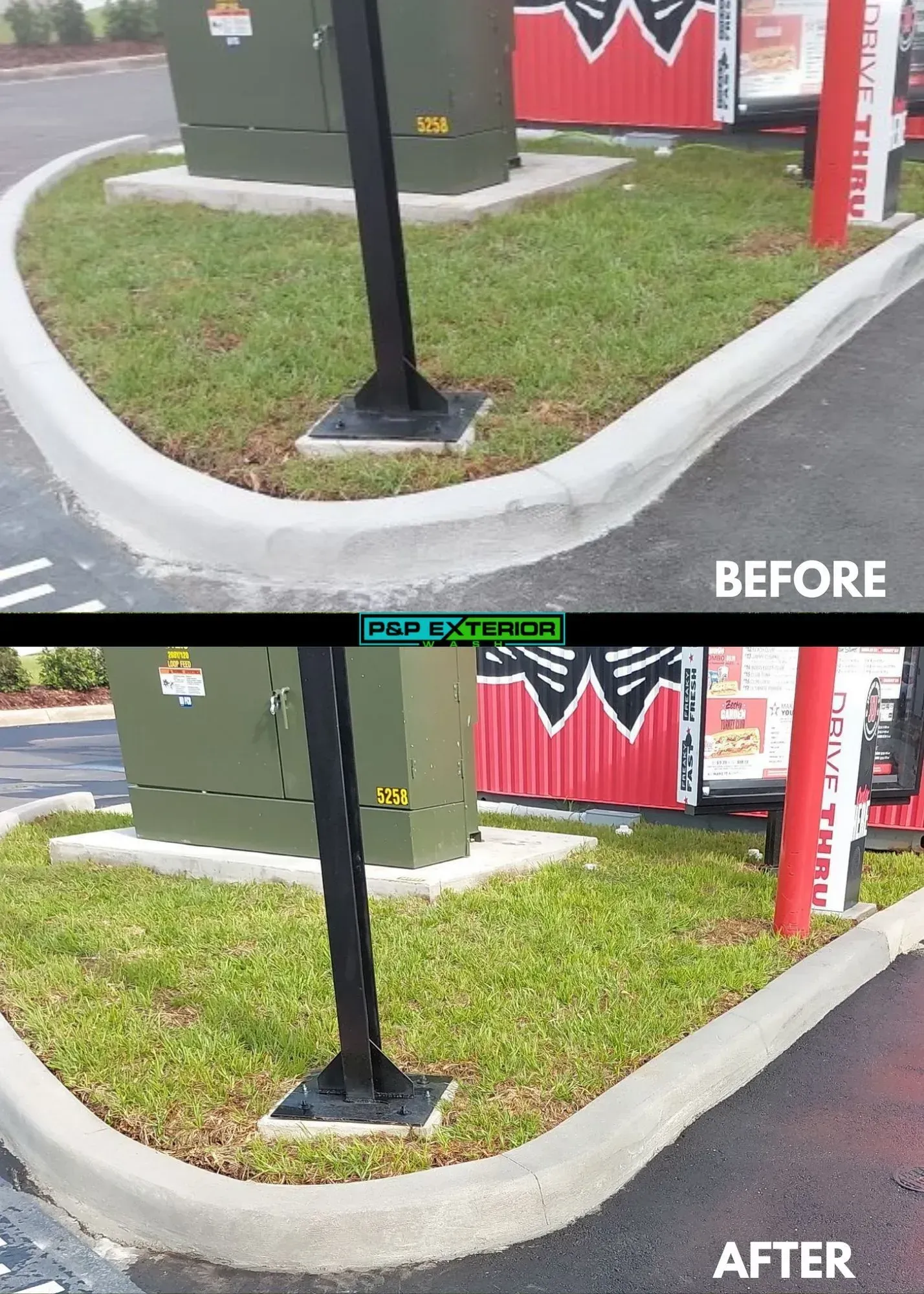 A before and after photo of a corner of a parking lot