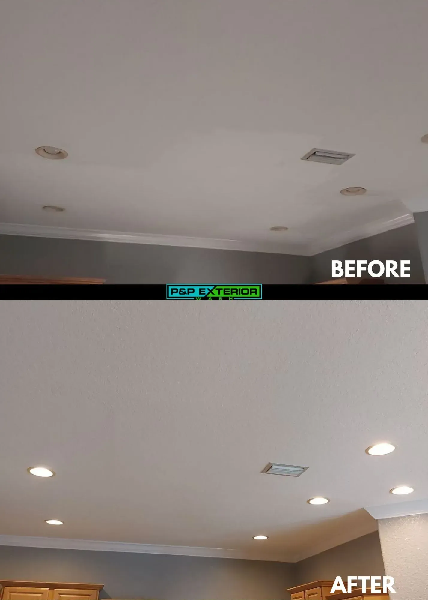 A before and after picture of a ceiling in a kitchen.