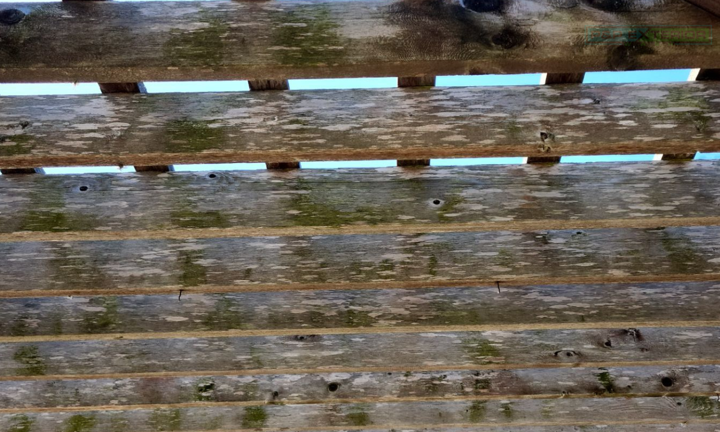 A close up of a wooden fence with moss growing on it.