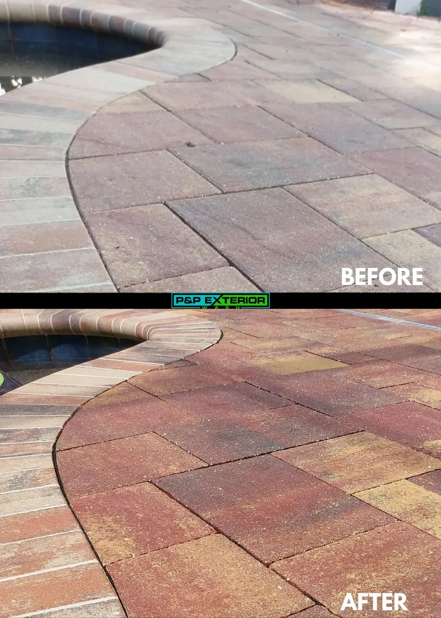 A before and after picture of a patio with a pool in the background.