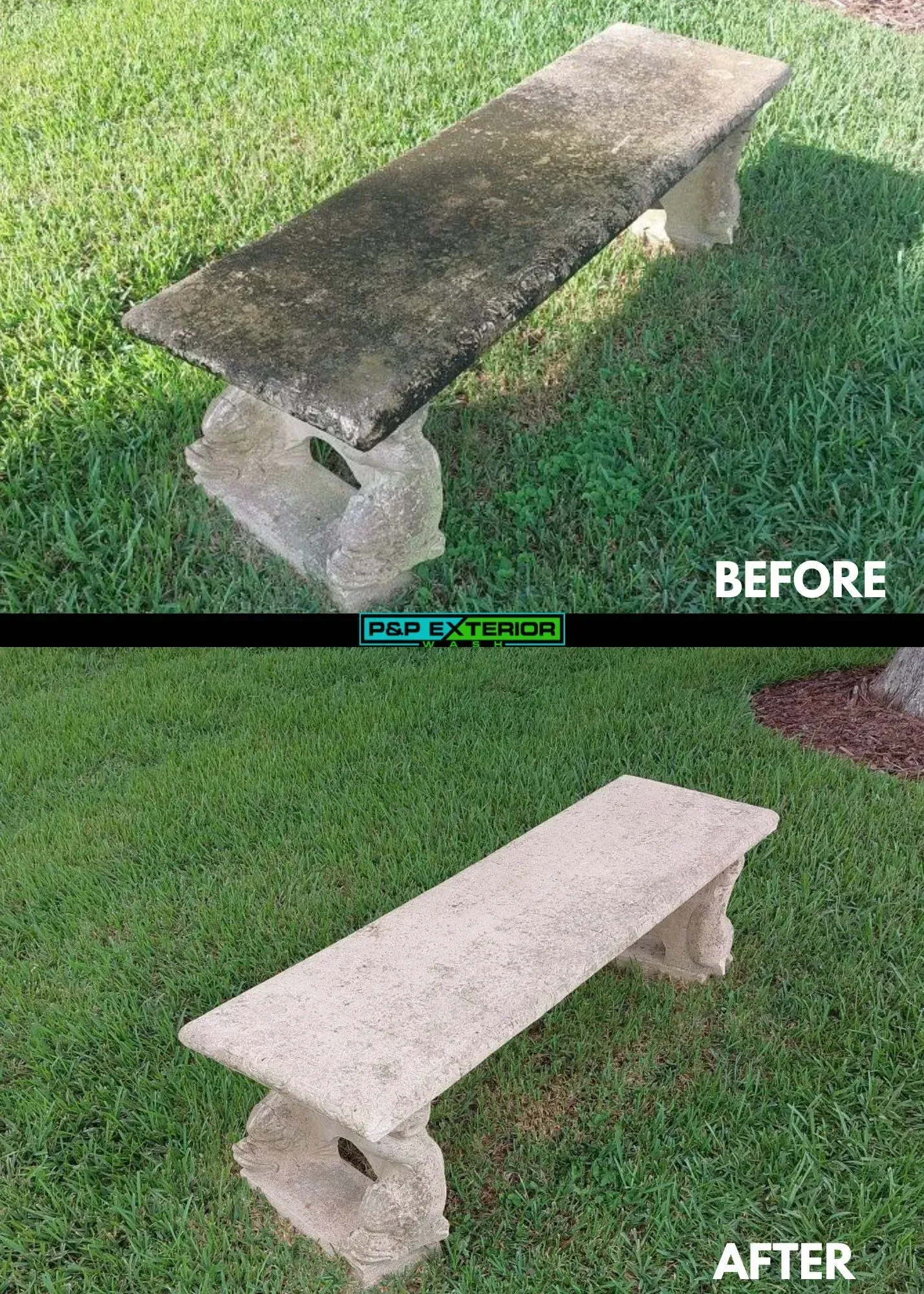 A before and after picture of a stone bench in the grass.