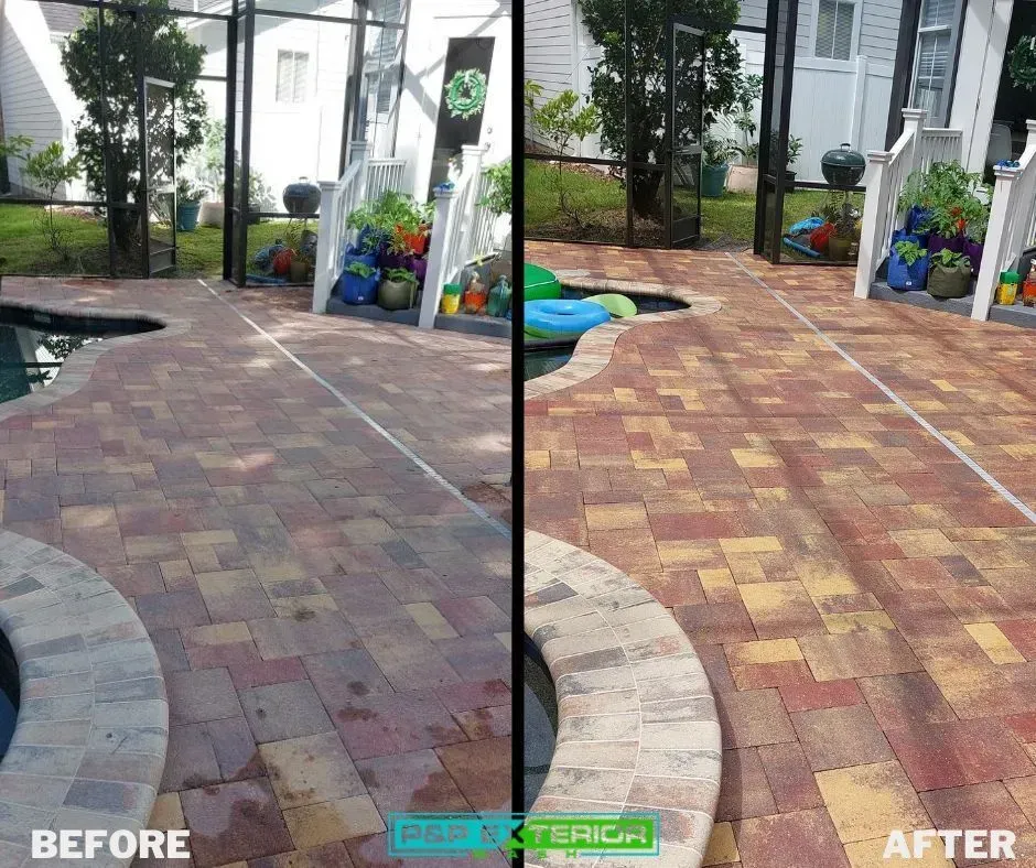 A before and after photo of a brick patio next to a pool.