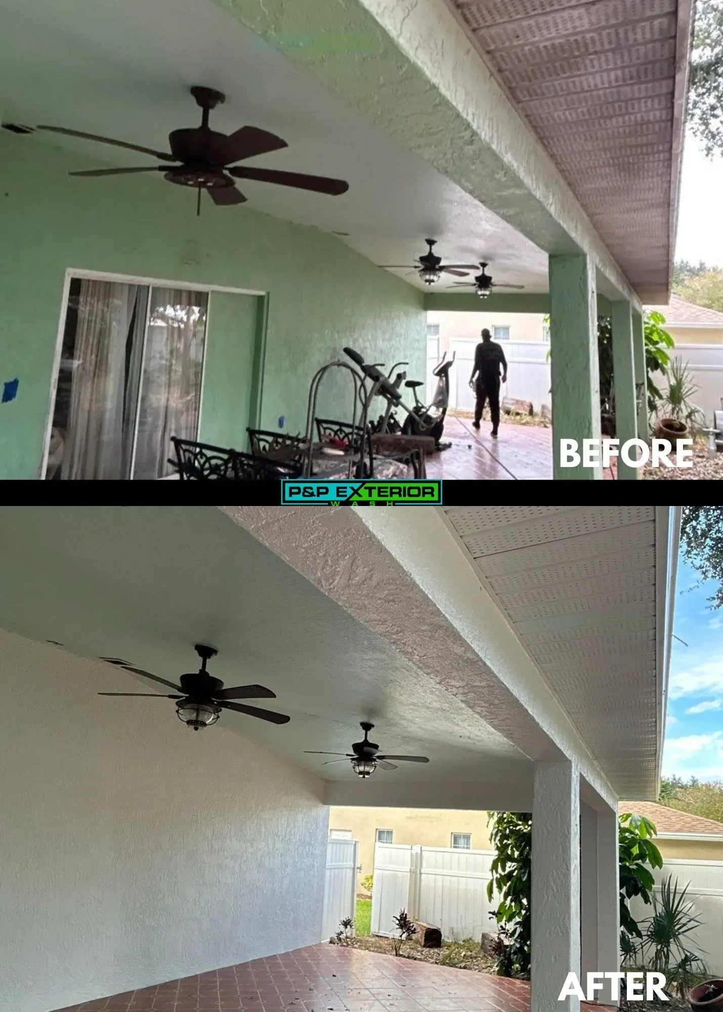 A before and after photo of a house with a ceiling fan.