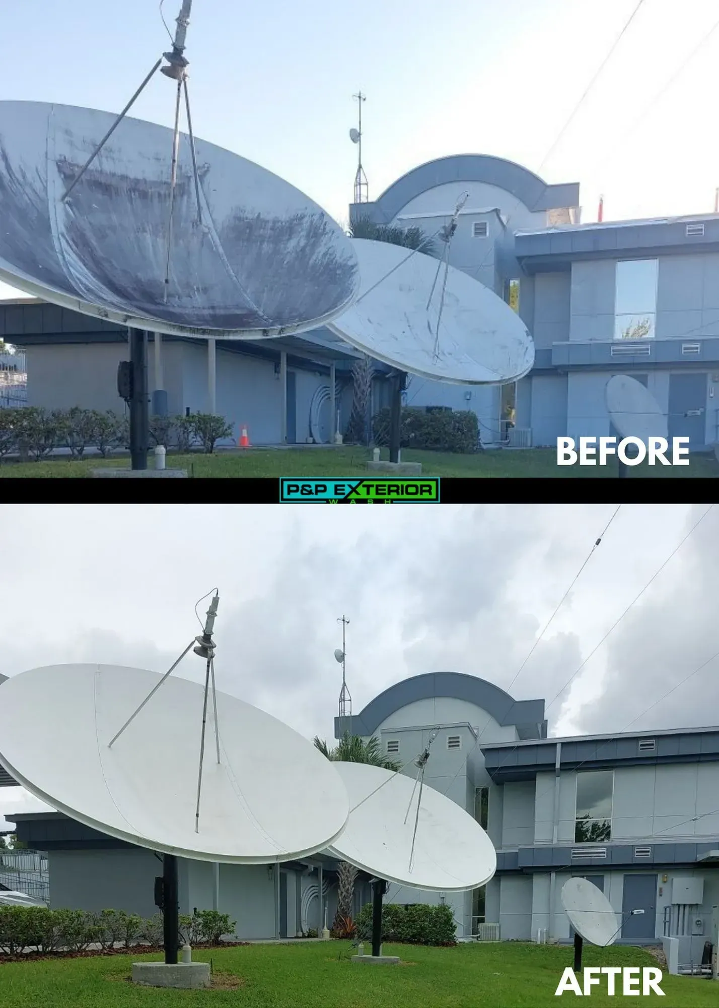 A before and after picture of a satellite dish