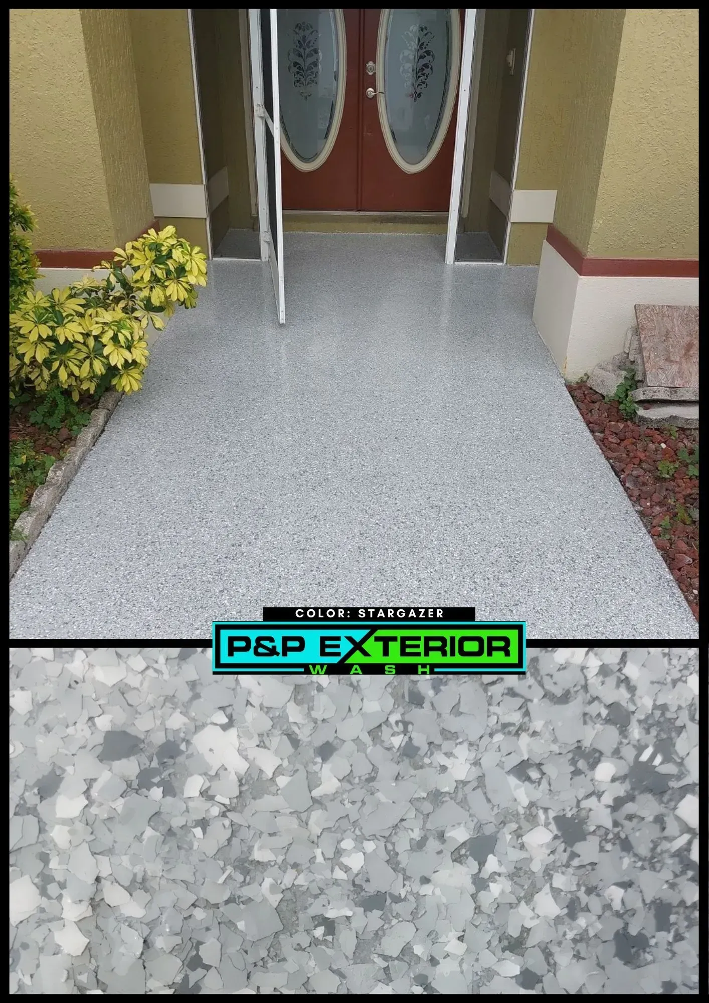 A picture of a concrete walkway that says p & p exterior