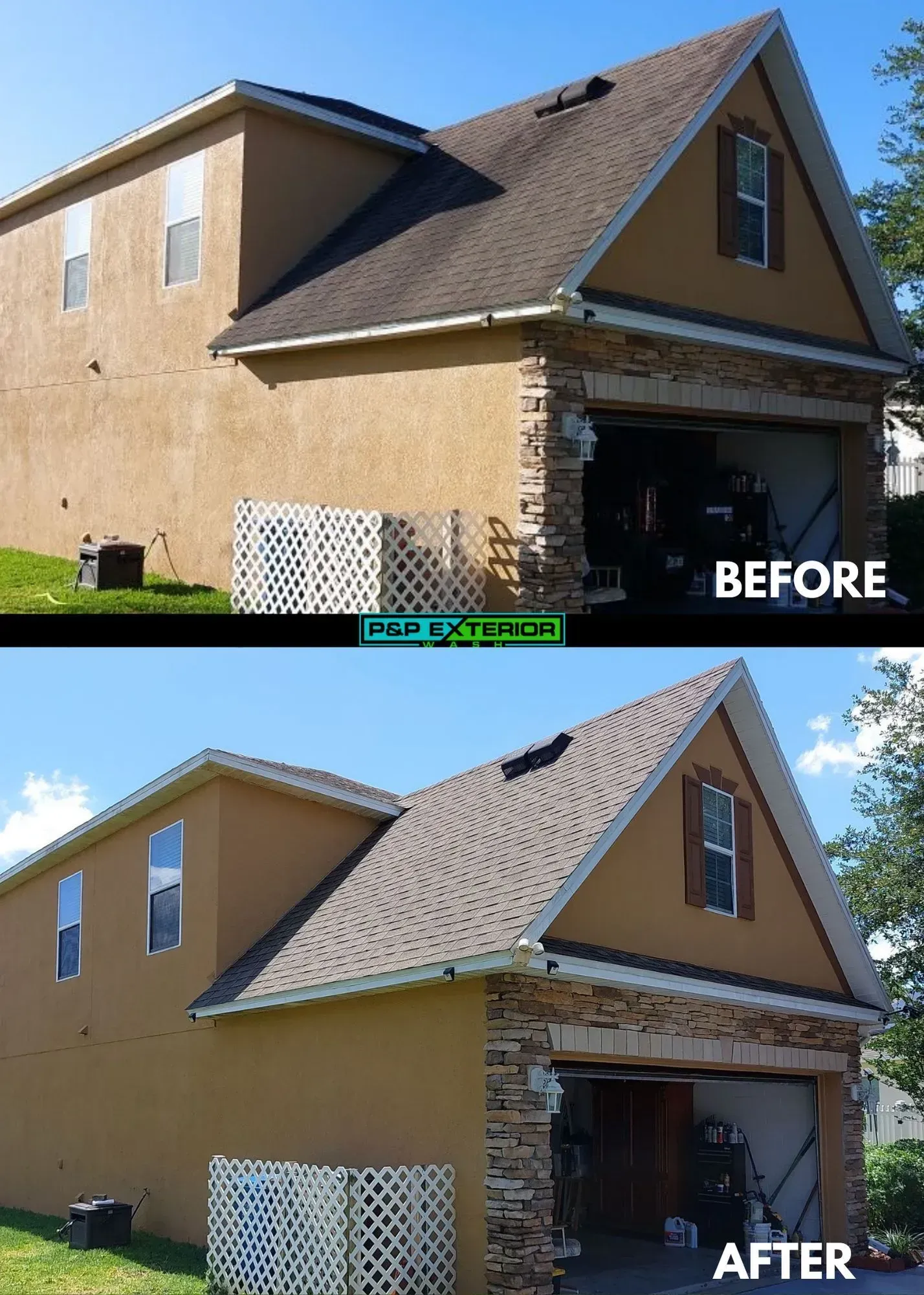 A before and after picture of a house with a garage