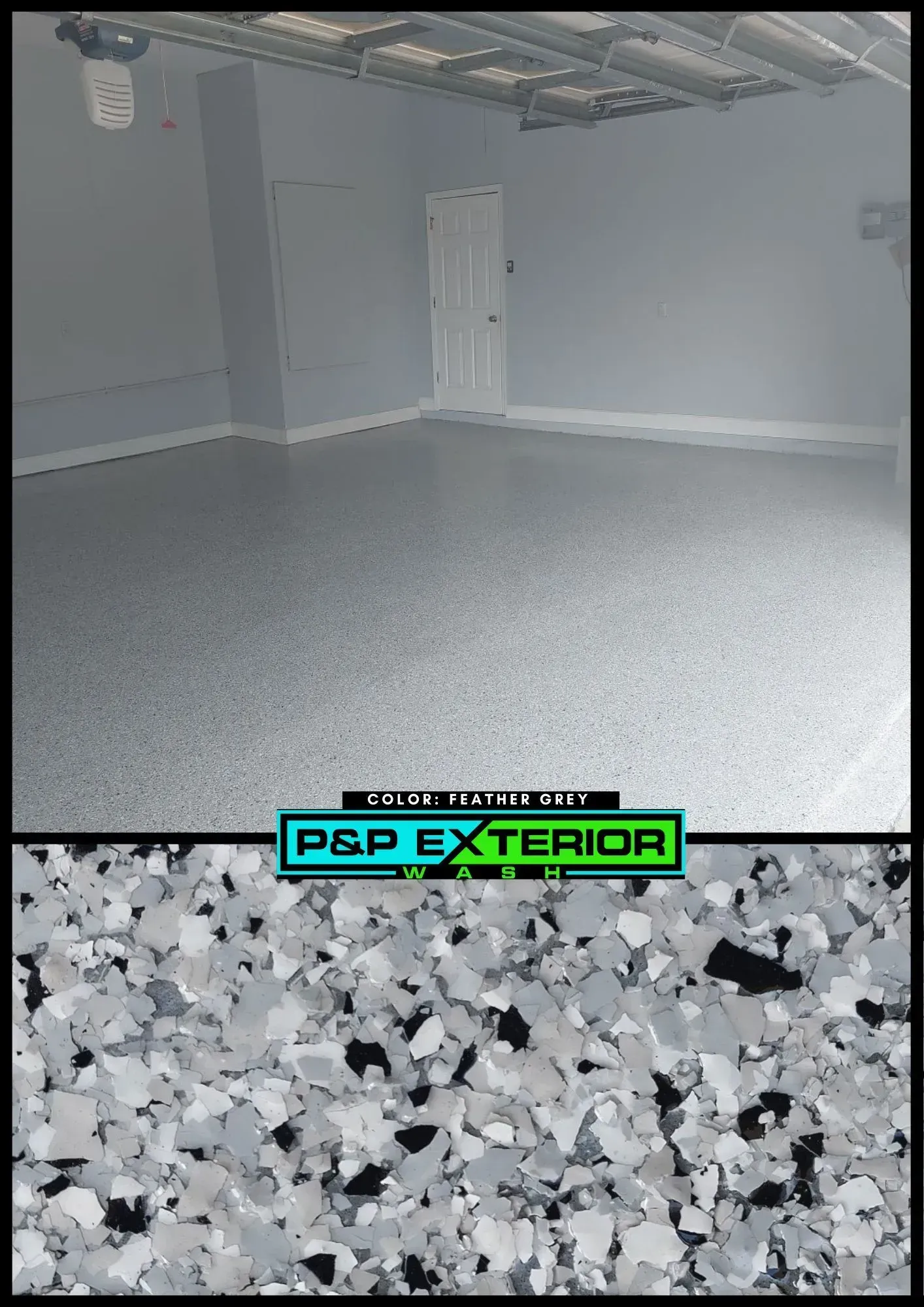 A picture of a garage floor with the words p & p exterior on it