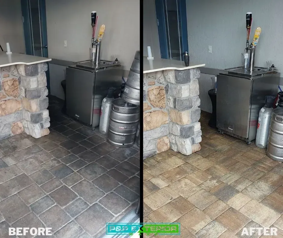 A before and after photo of a kitchen with a bar and kegs.