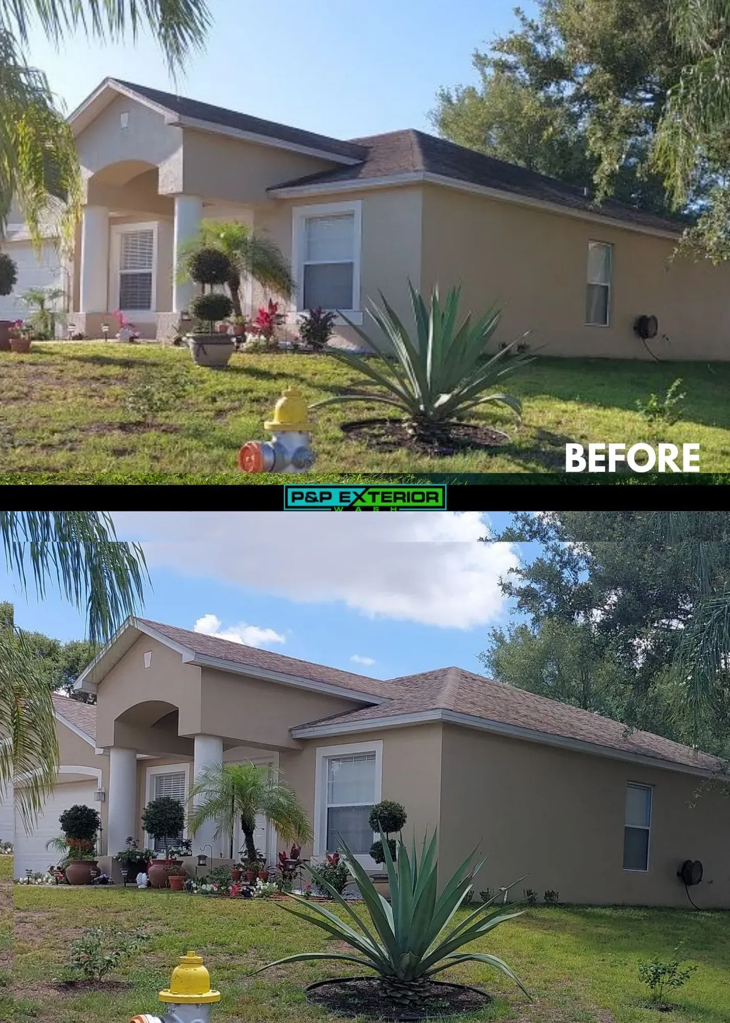 A before and after picture of a house with a fire hydrant in front of it
