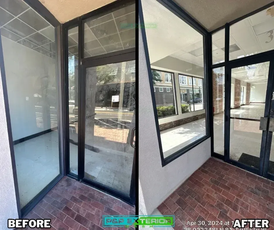 A before and after photo of a building with a glass door.