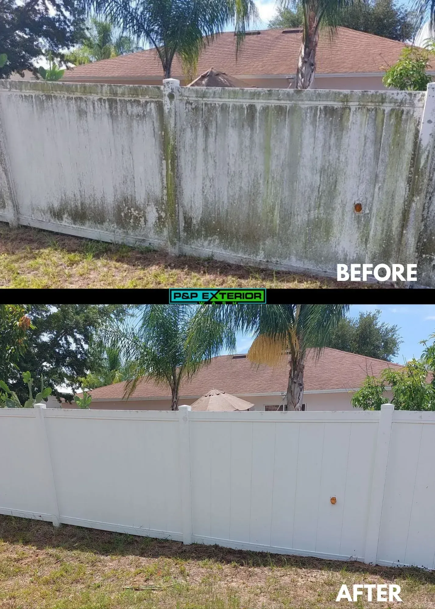 A before and after picture of a white fence.