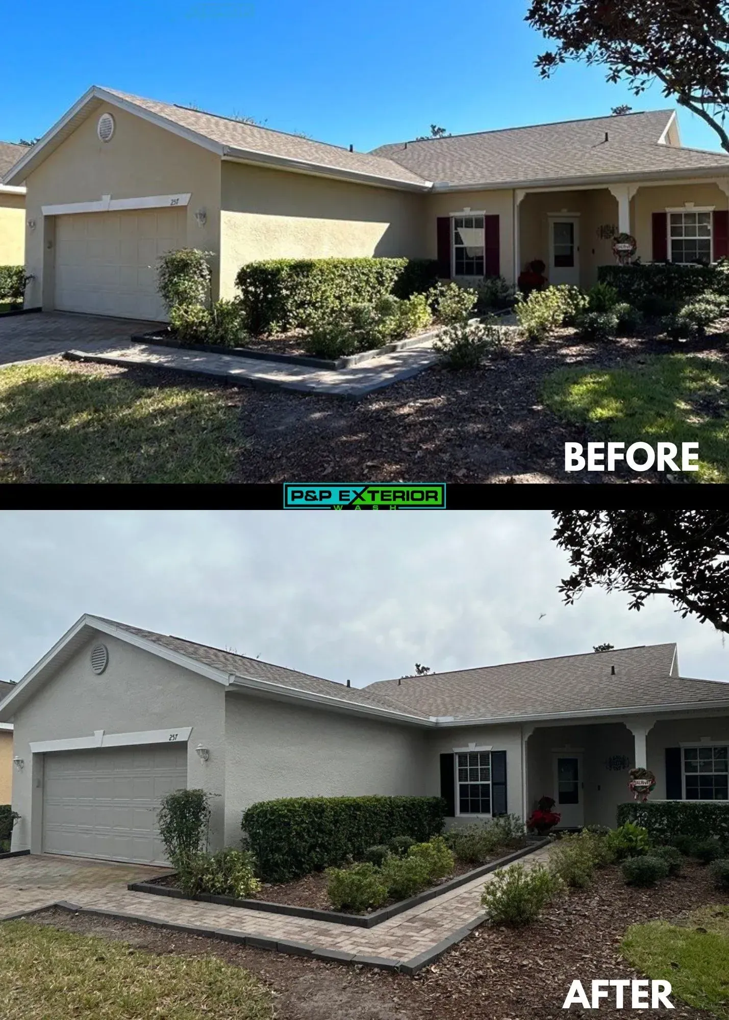A before and after picture of a house with a roof.