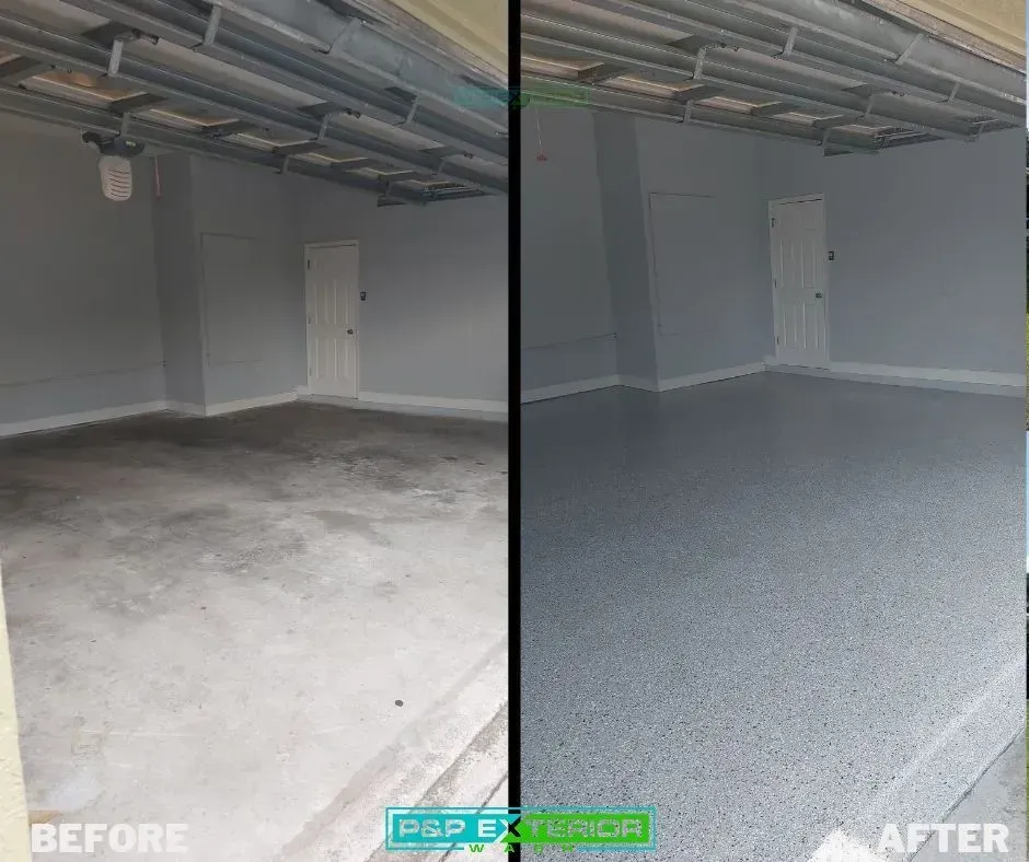 A before and after photo of a garage floor.