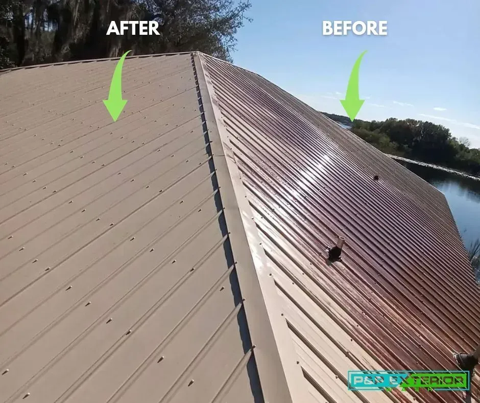 A before and after picture of a metal roof