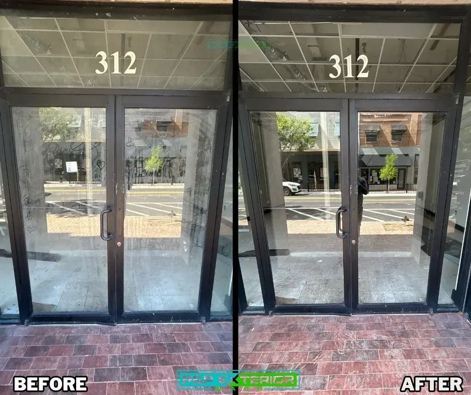 A before and after photo of a glass door.